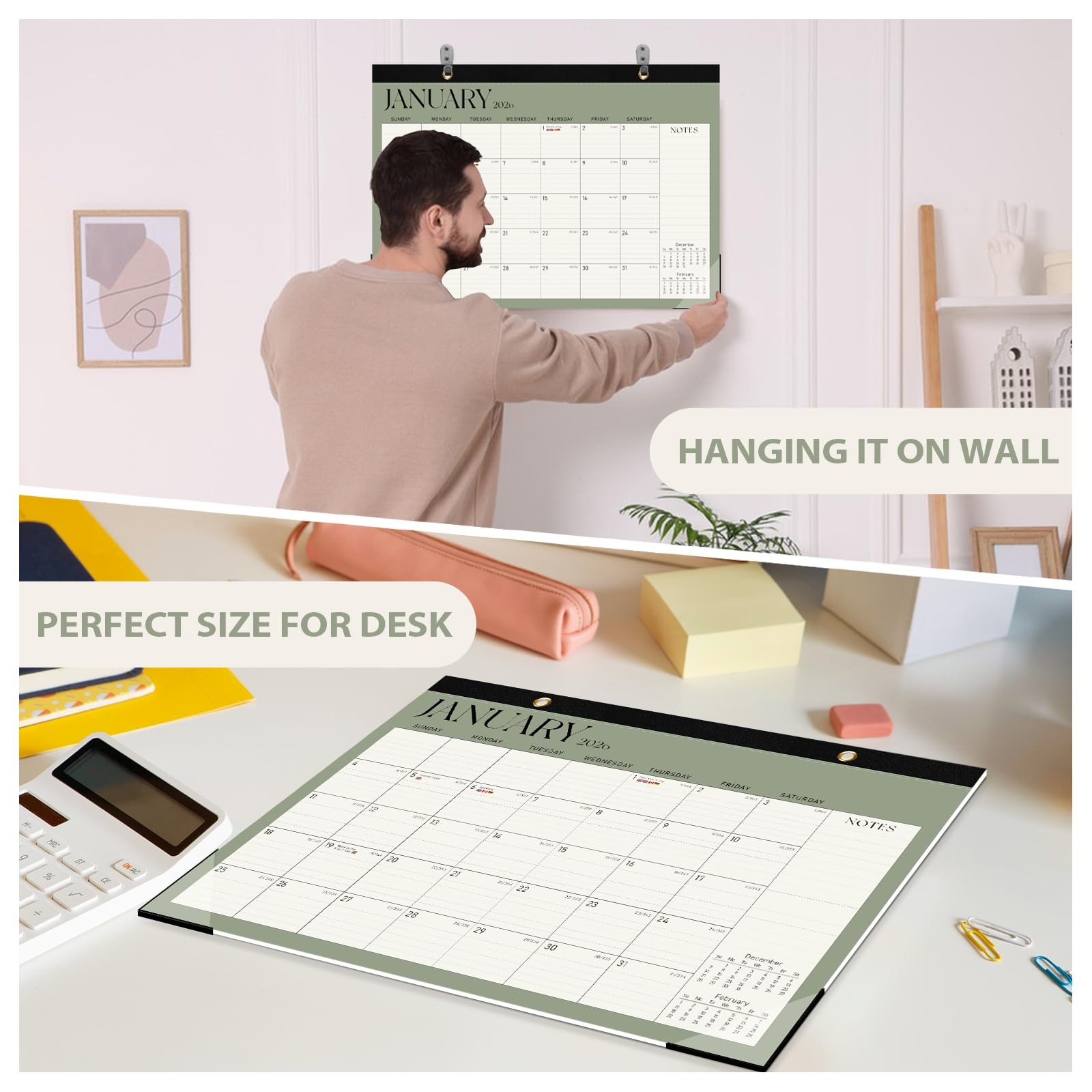 2026 Desk Calendar, Large Desktop/Wall 17″x12″(Jan 2026-Jun 2027）, Green