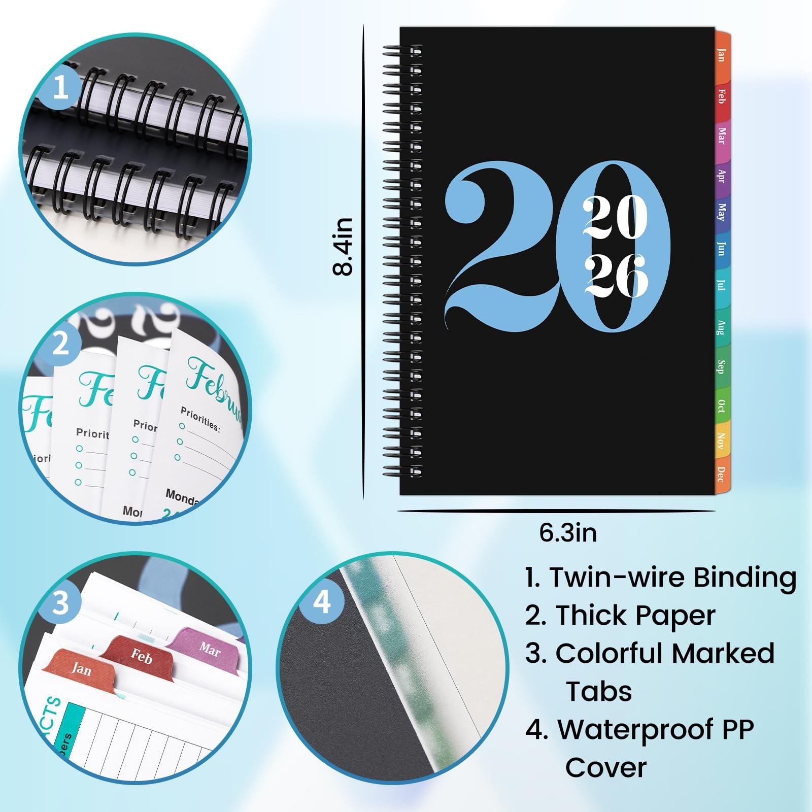 2026 Planner Organizer, Weekly Monthly Layout, 6.4 X 8.5, Tabs, Black