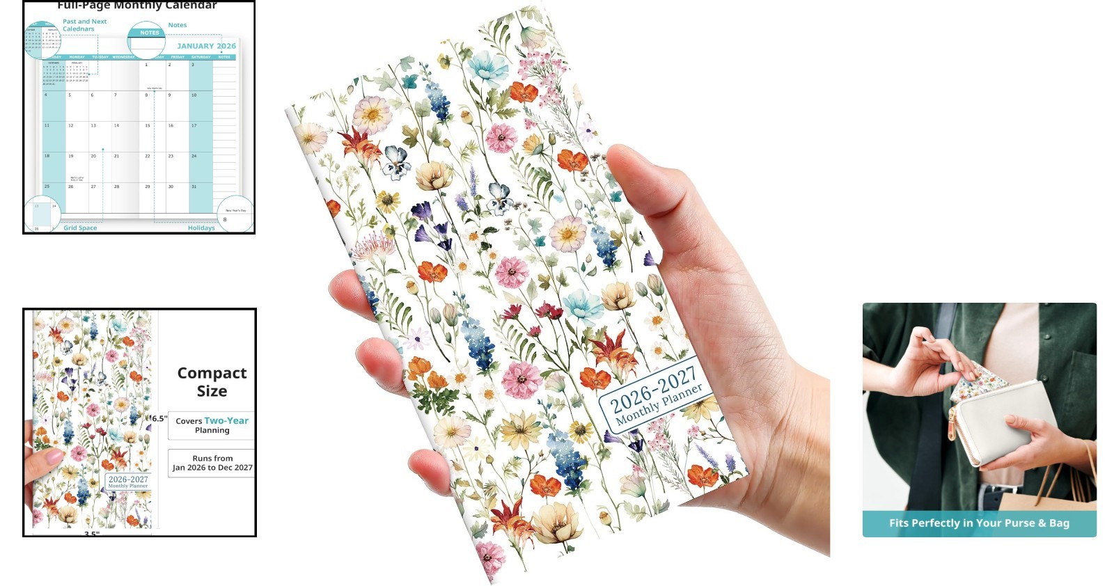 Compact 6.5″ x 3.5″ Monthly Planner – 2026-2027 Pocket Calendar with Wildflowers
