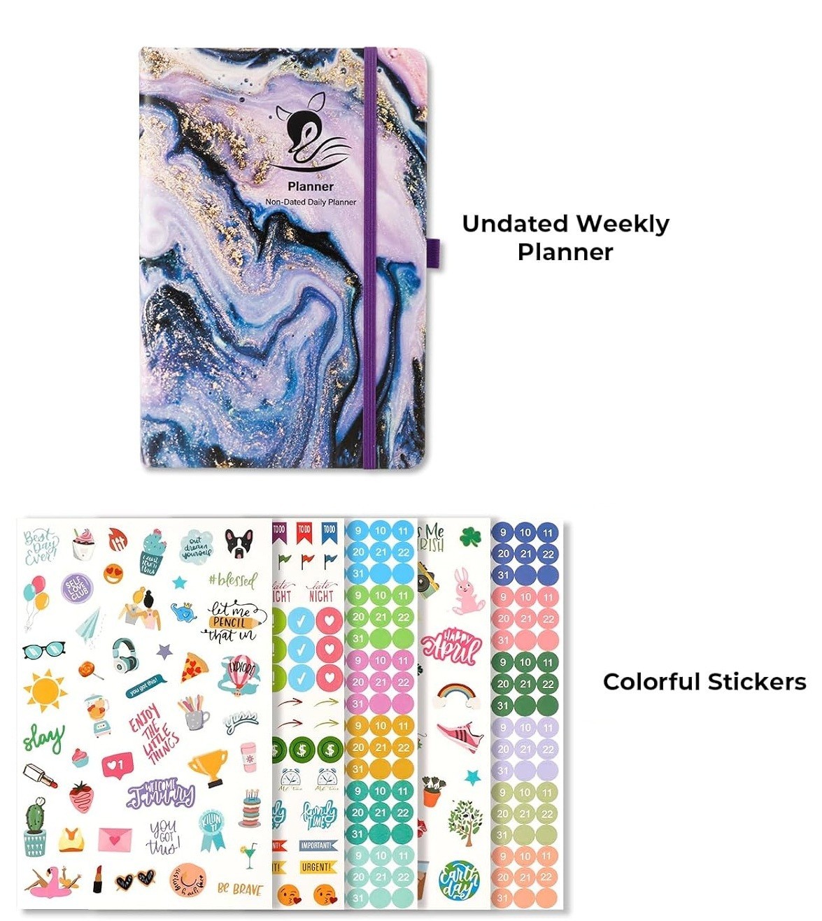Undated Weekly and Monthly Planner, Stickers, Ribbon Bookmarks, Purple Marble