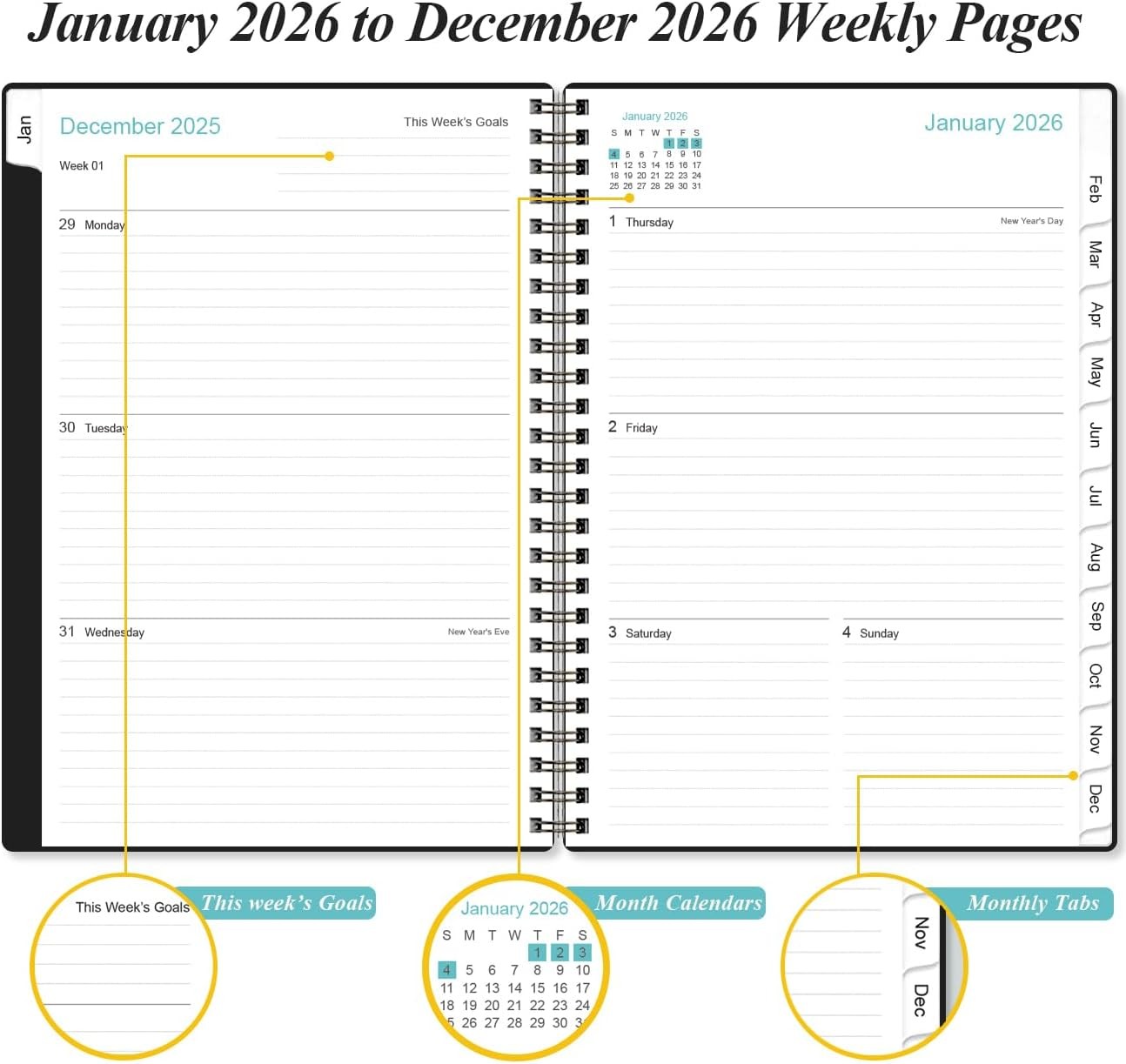2026 Planner Jan-Dec Weekly Monthly Spiral Bound Tabs Pocket 6.4×8.5 Black