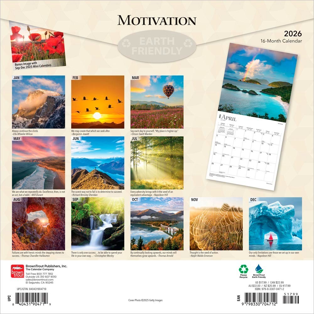 Motivation | 2026 12×24″ (Hanging) Monthly Square Wall Calendar | Plastic-Free