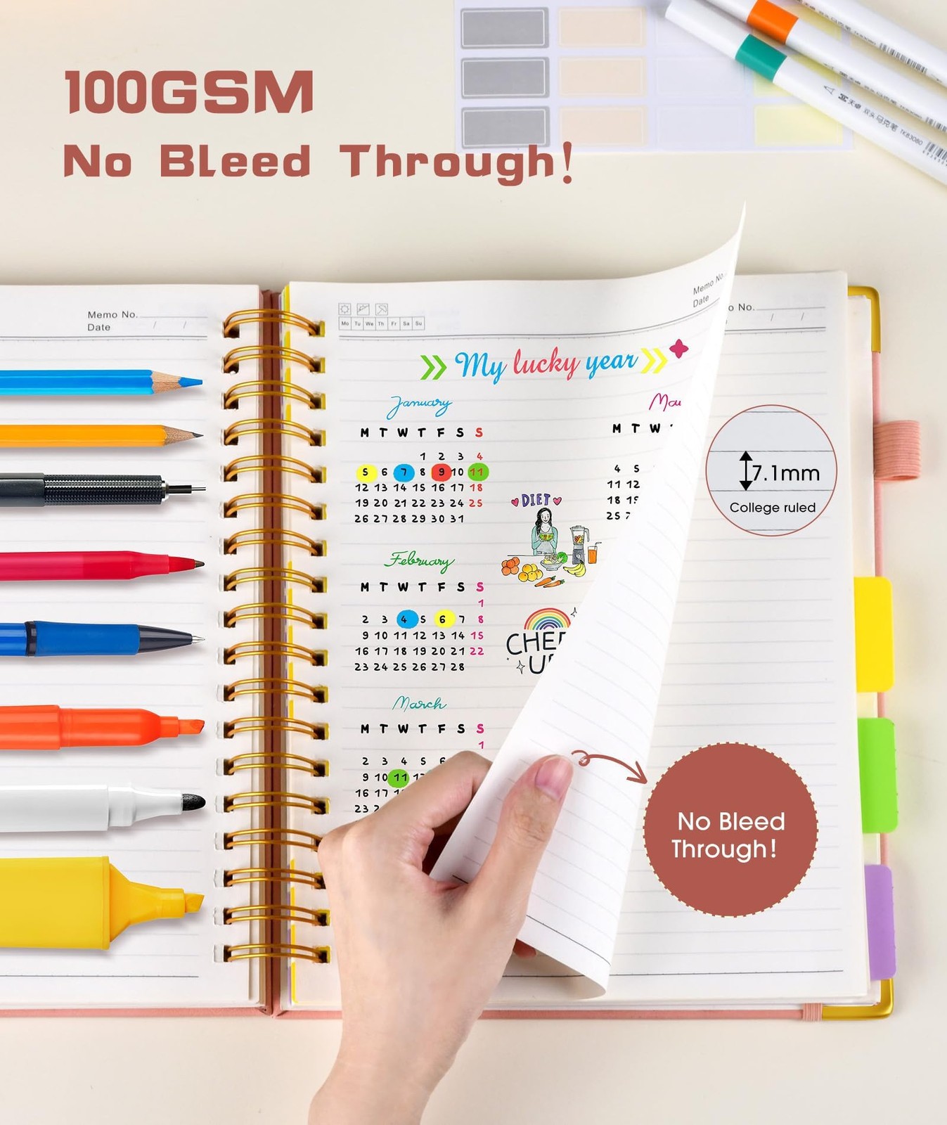 Hardcover Spiral Notebook Journal with Removable Dividers Tabs, 300 Pages Lea…