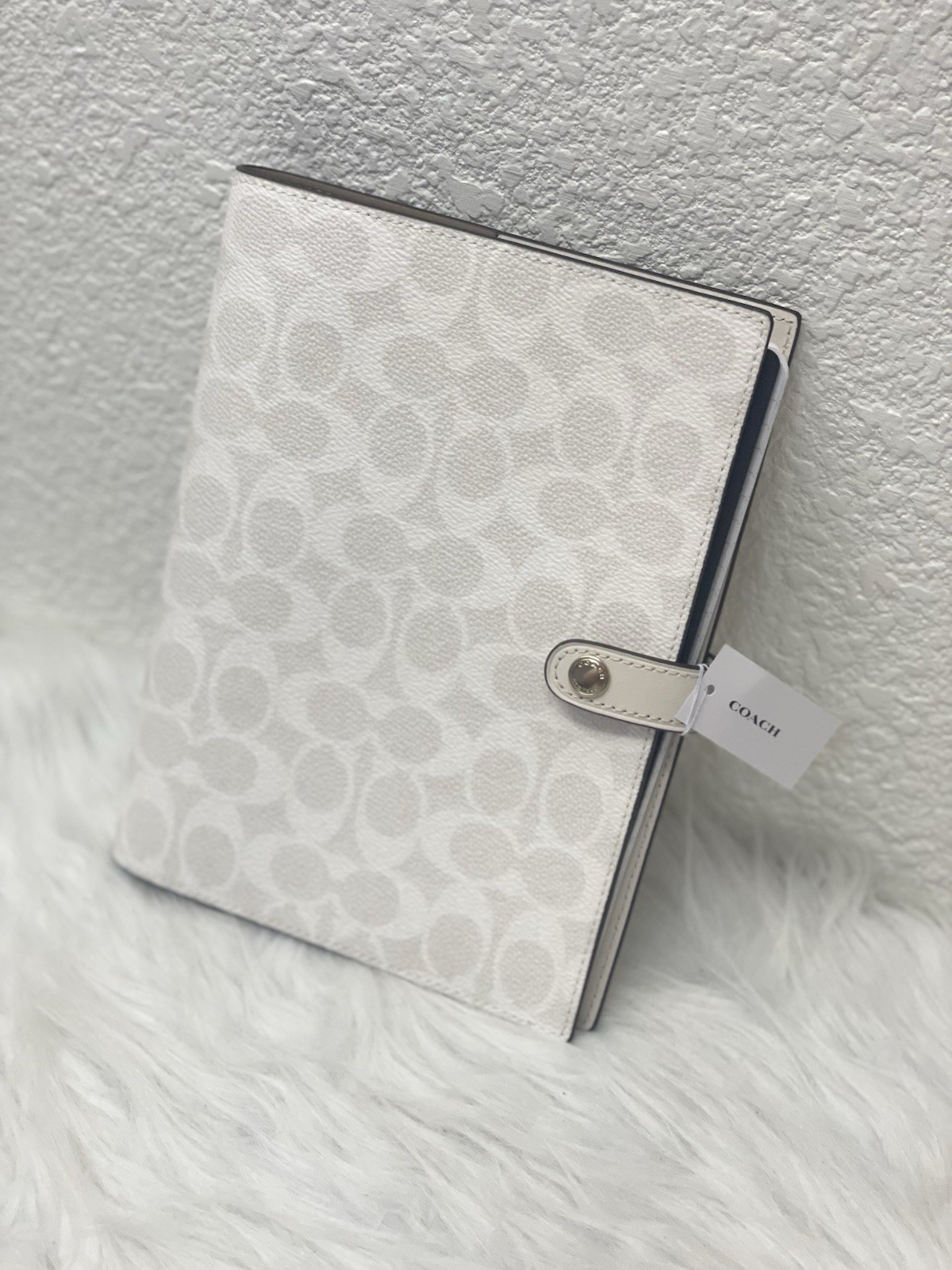 Coach Notebook in Signature Canvas Print Silver/White chalk Leather NWT CZ198