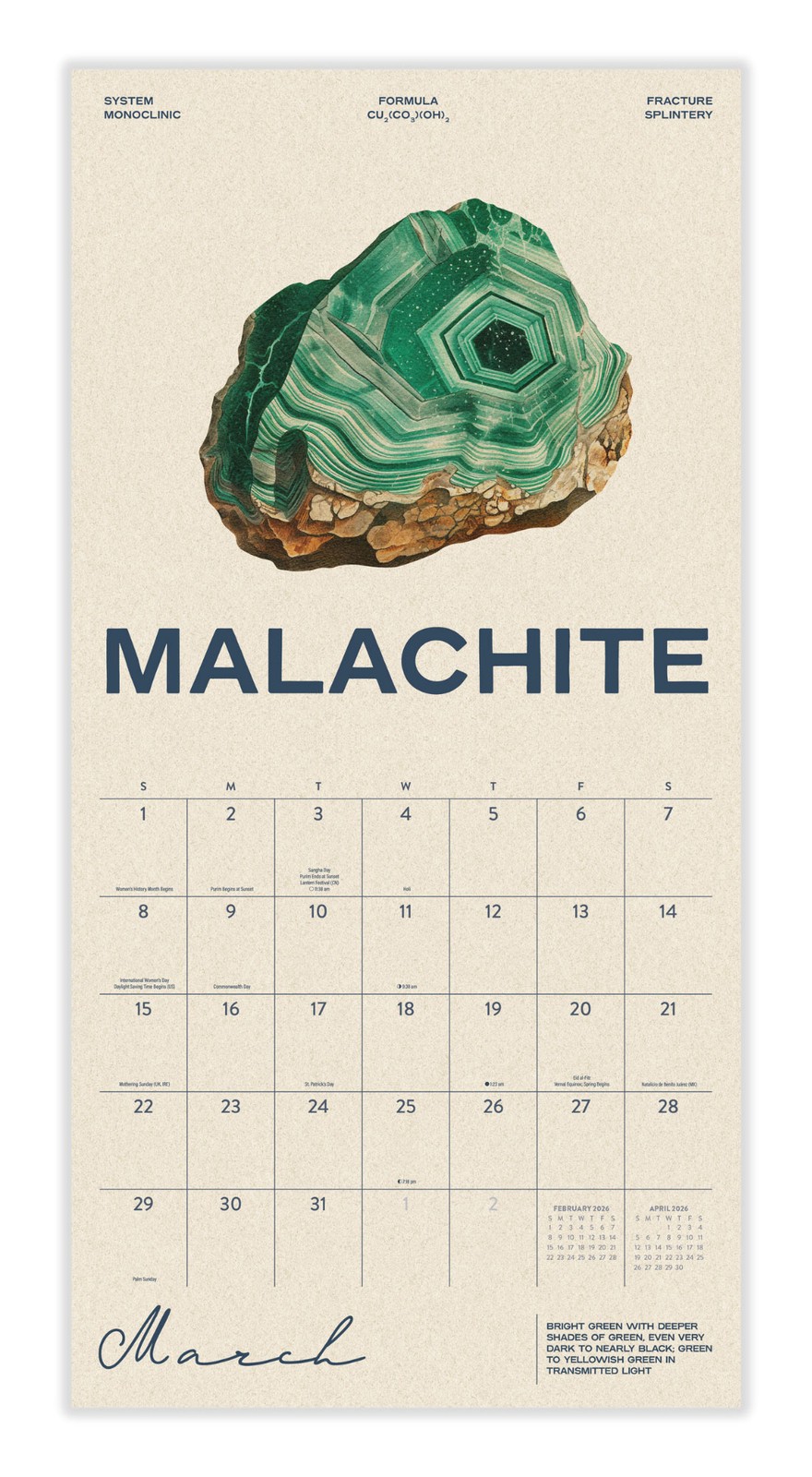 Crystals Calendar 2026 | 12″ x 24″ 12 Month Calendar | Marble City Press