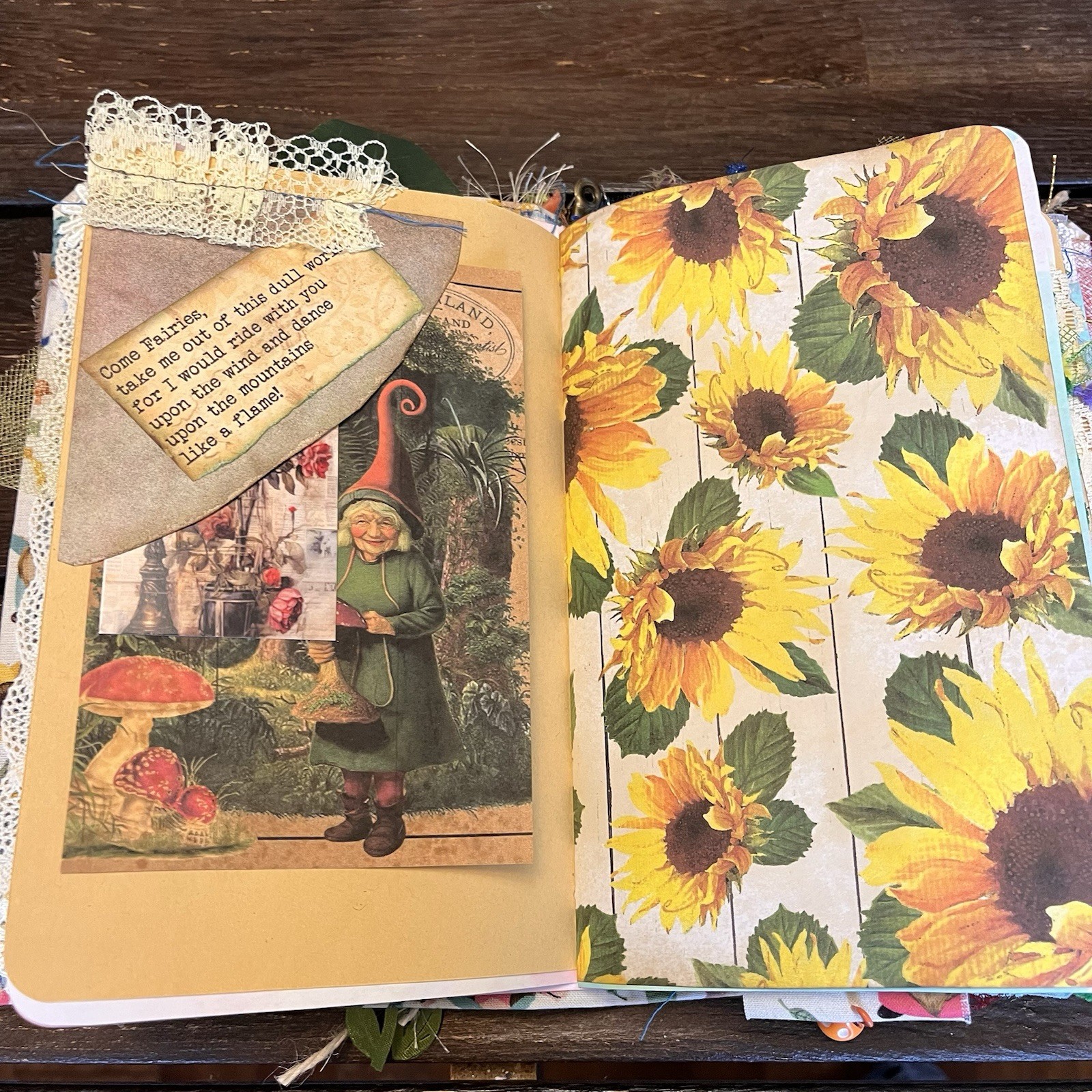 Gnome Sunflower Themed Junk Journal Woodland Nature Softcover 3 Signatures