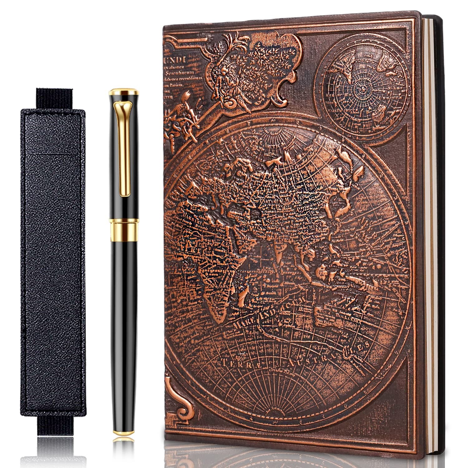 FEIDIAO Vintage Map Embossed Leather Notebook Travel red copper map
