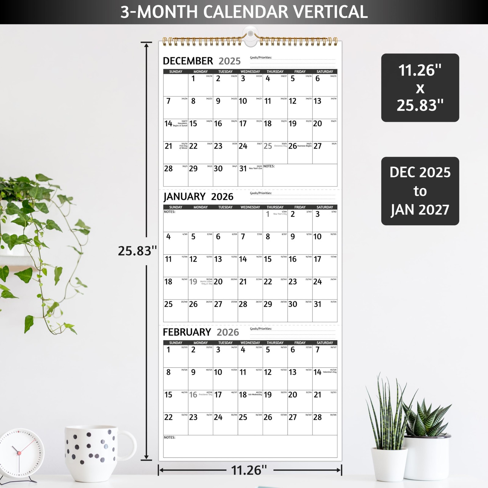 2026 Wall Calendar – 3 Month 2026 Vertical, Jan 2026 – Dec Black