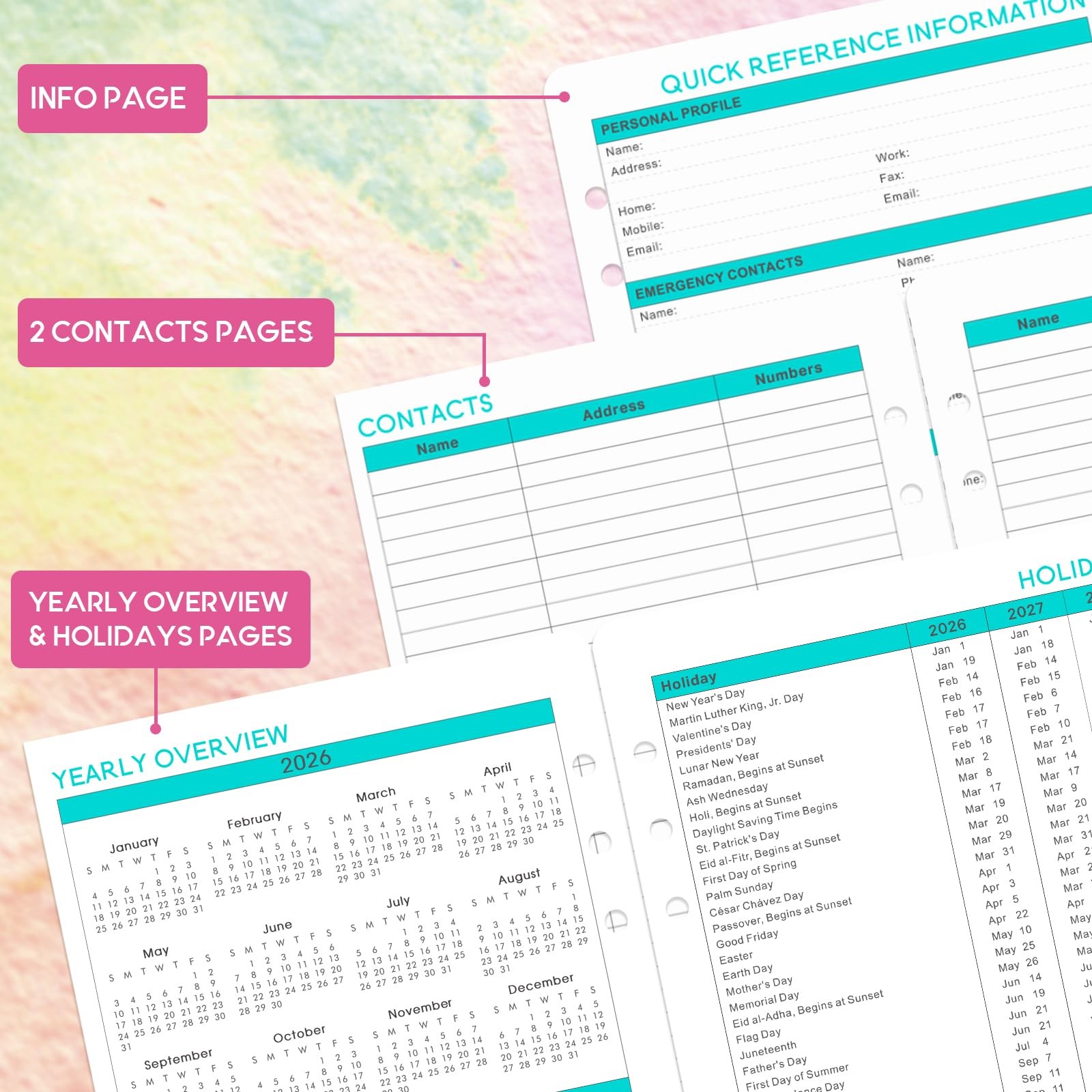 2026-2027 Planner Refills – 7-Hole Punched 5.5 x 8.5 inches, Multicolor