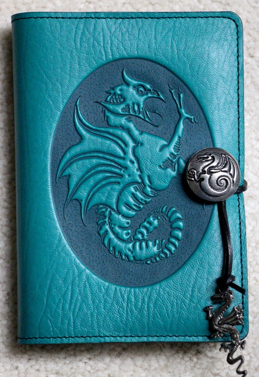 Oberon Design Leather Small Journal Cover DRAGON-COCKATRICE in TEAL