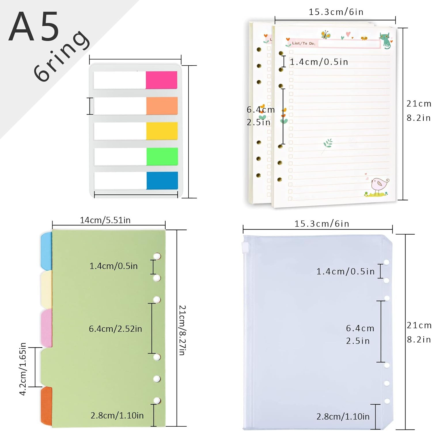 A5 Planner Inserts to Do List, 90 Pages Colorful 6-Ring Loose-leaf Planner Refil