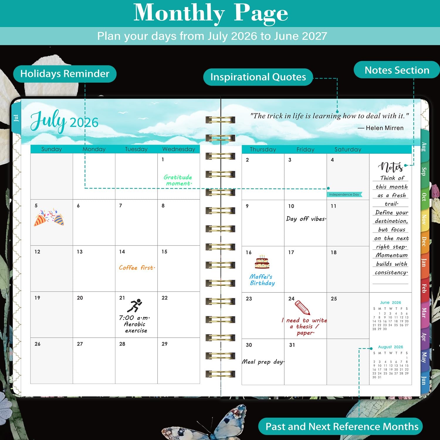 20262027 Planner Weekly Monthly Hardcover 6.5×8.5 Colorful Tabs Academic