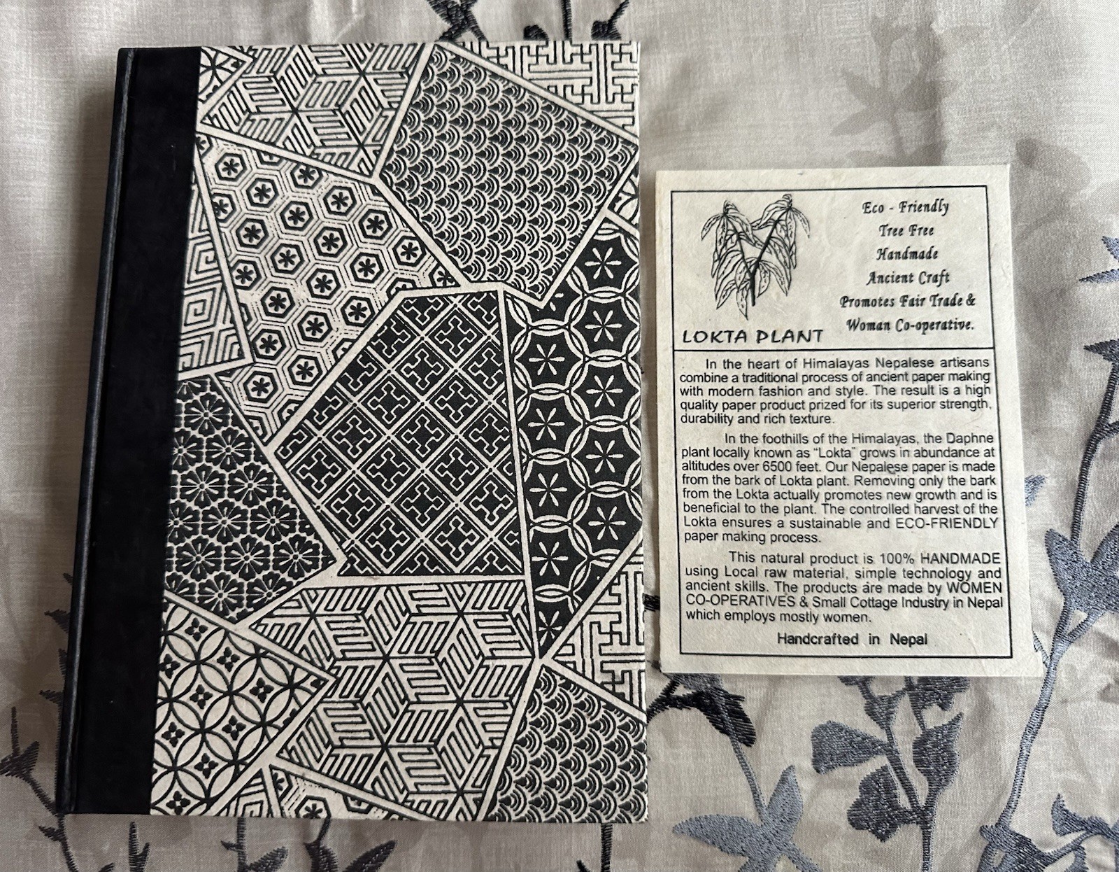 Nepal Handmade Lokta Paper Journal Notebook Black White Geometric Tree Free Eco