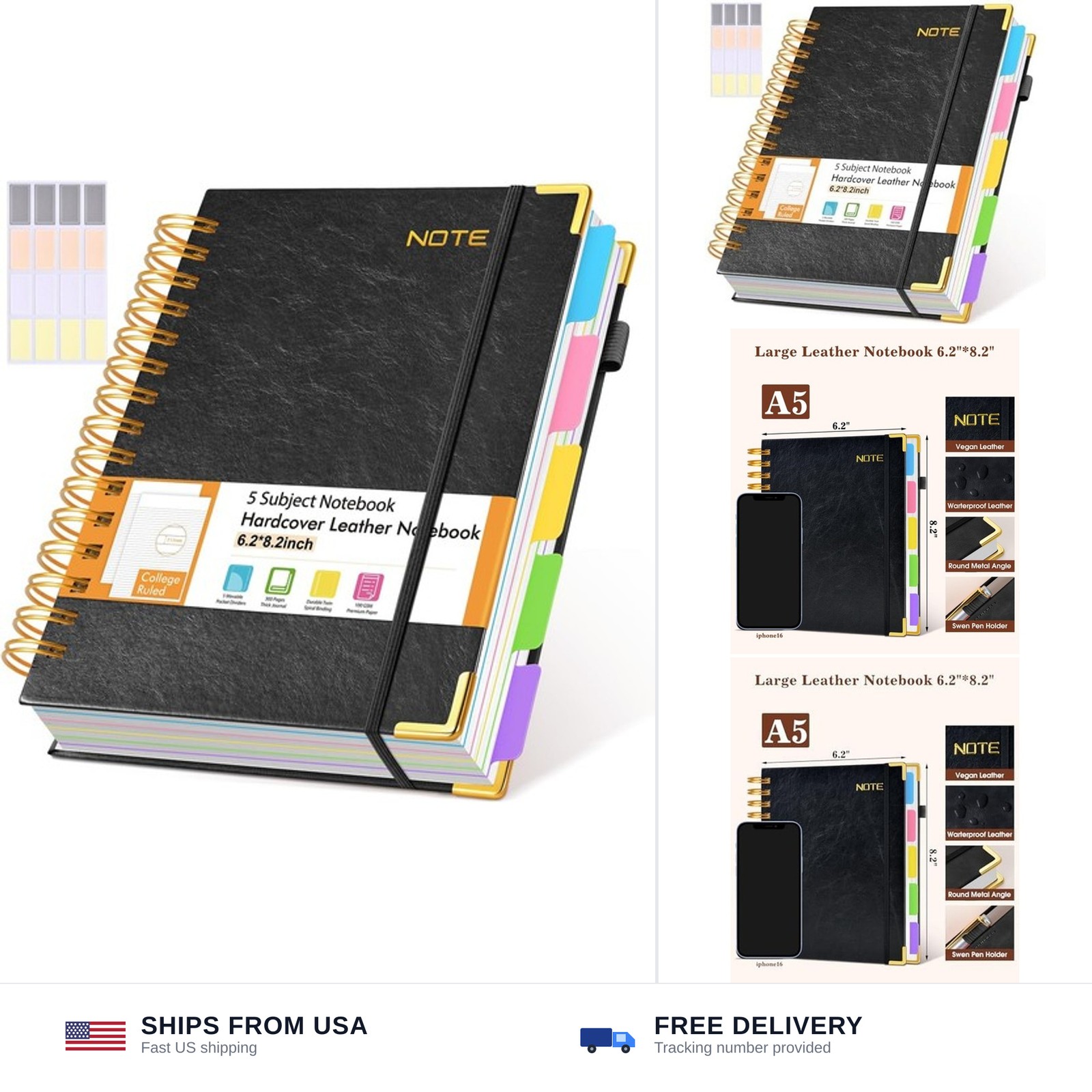 Hardcover Spiral Notebook with Removable Dividers Tabs, 300 pages Leather 5 S…