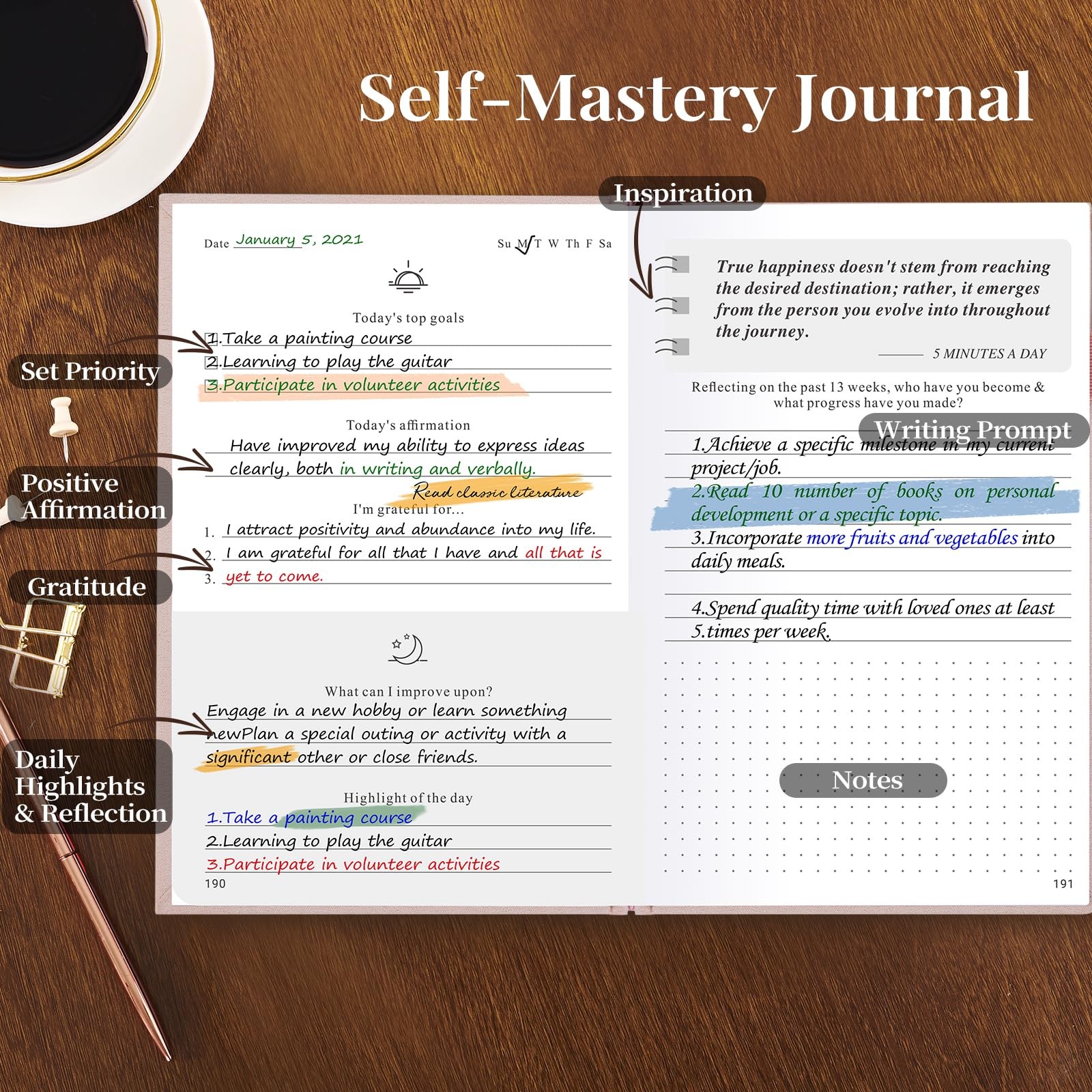 5 MINUTES A DAY Self-Care Notebook, Wellness & Medium (5.8×8.3 Inch), Pink