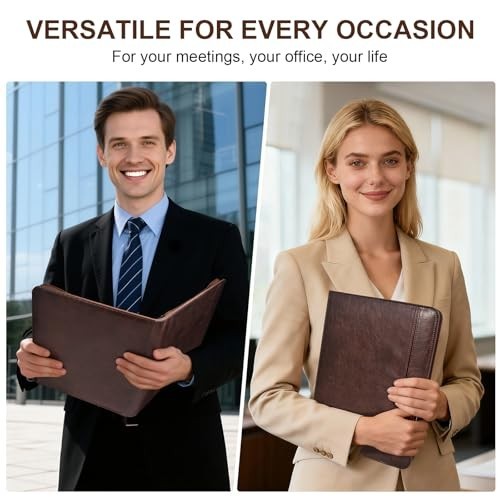 Men’s Leather Portfolio with Laptop Pocket, Zippered Padfolio Binder, Business O