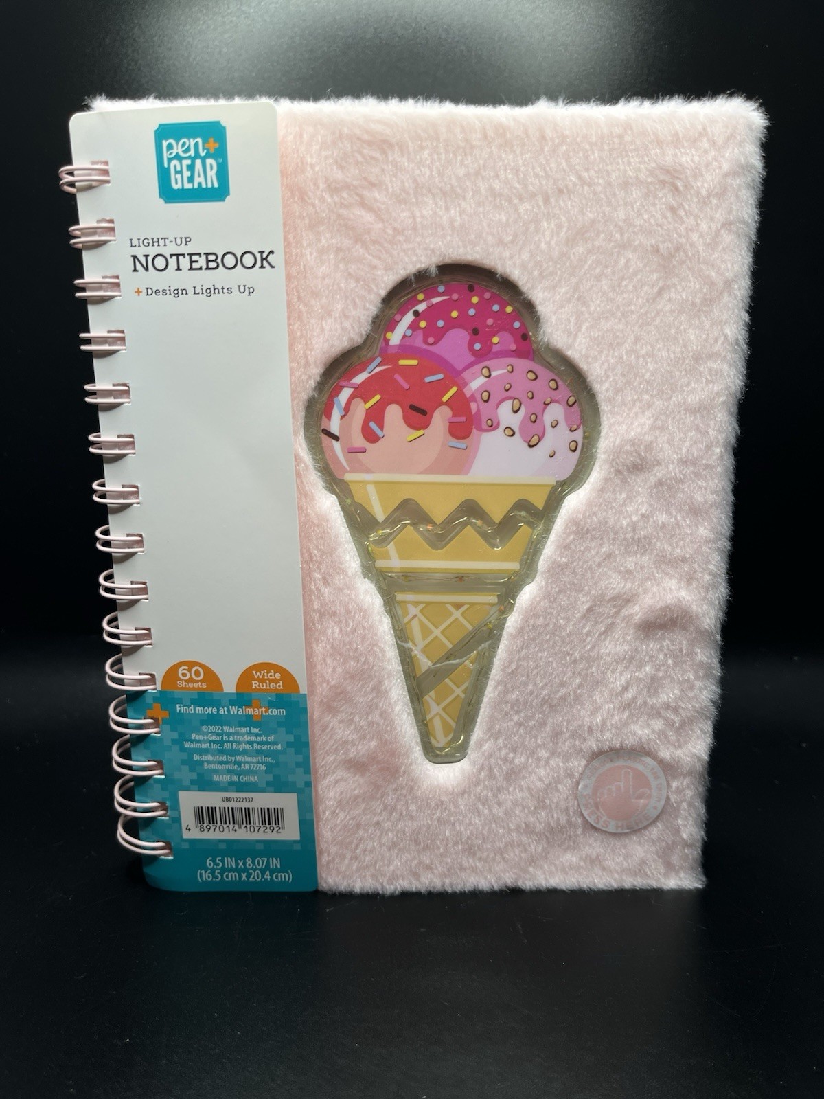 Pen+Gear Light up Journal Notebook Ice cream Cone Design with Pink Furry Cover
