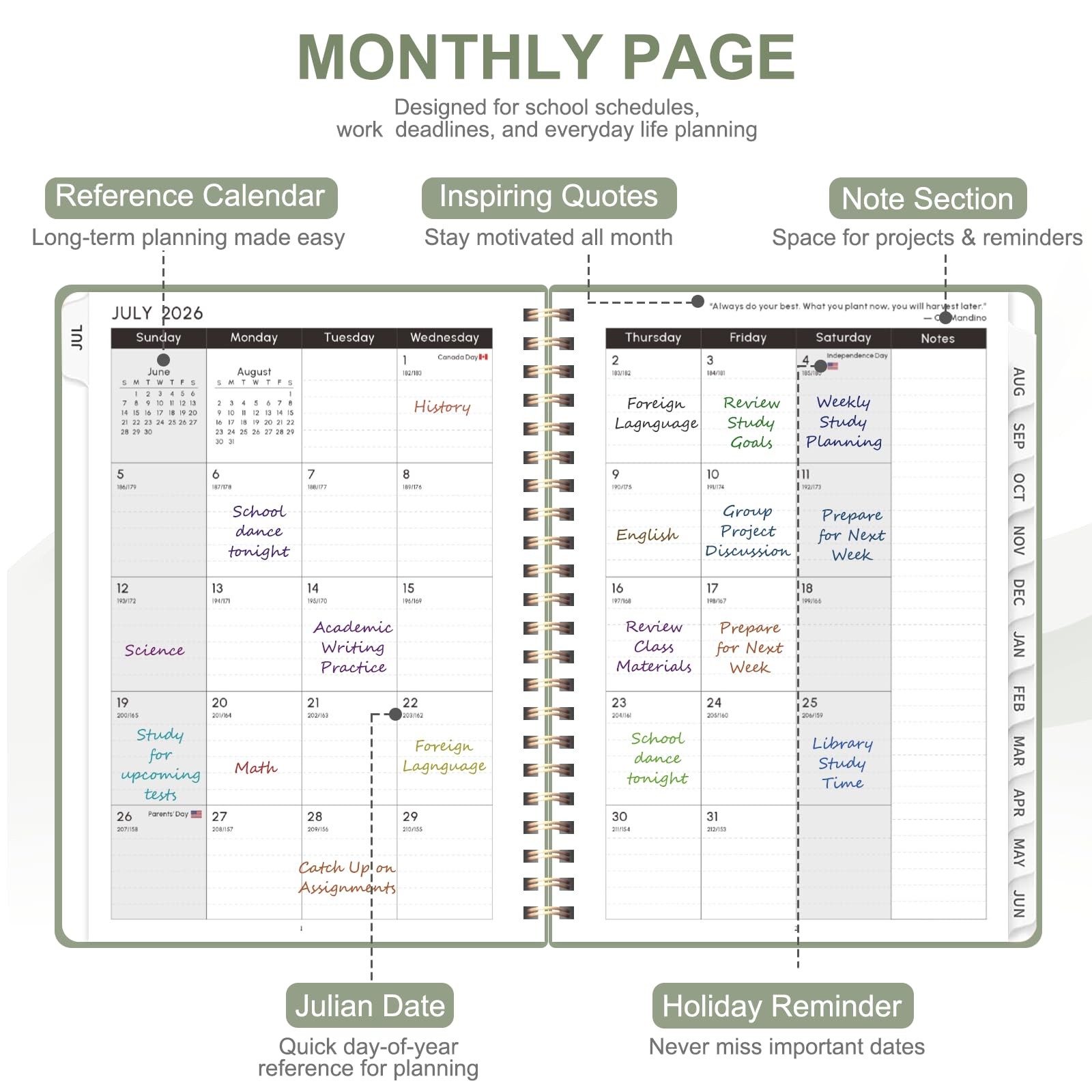 Planner 2026-2027, Academic Weekly and 6.3″x8.5″(Jul 2026-Jun 2027), Green
