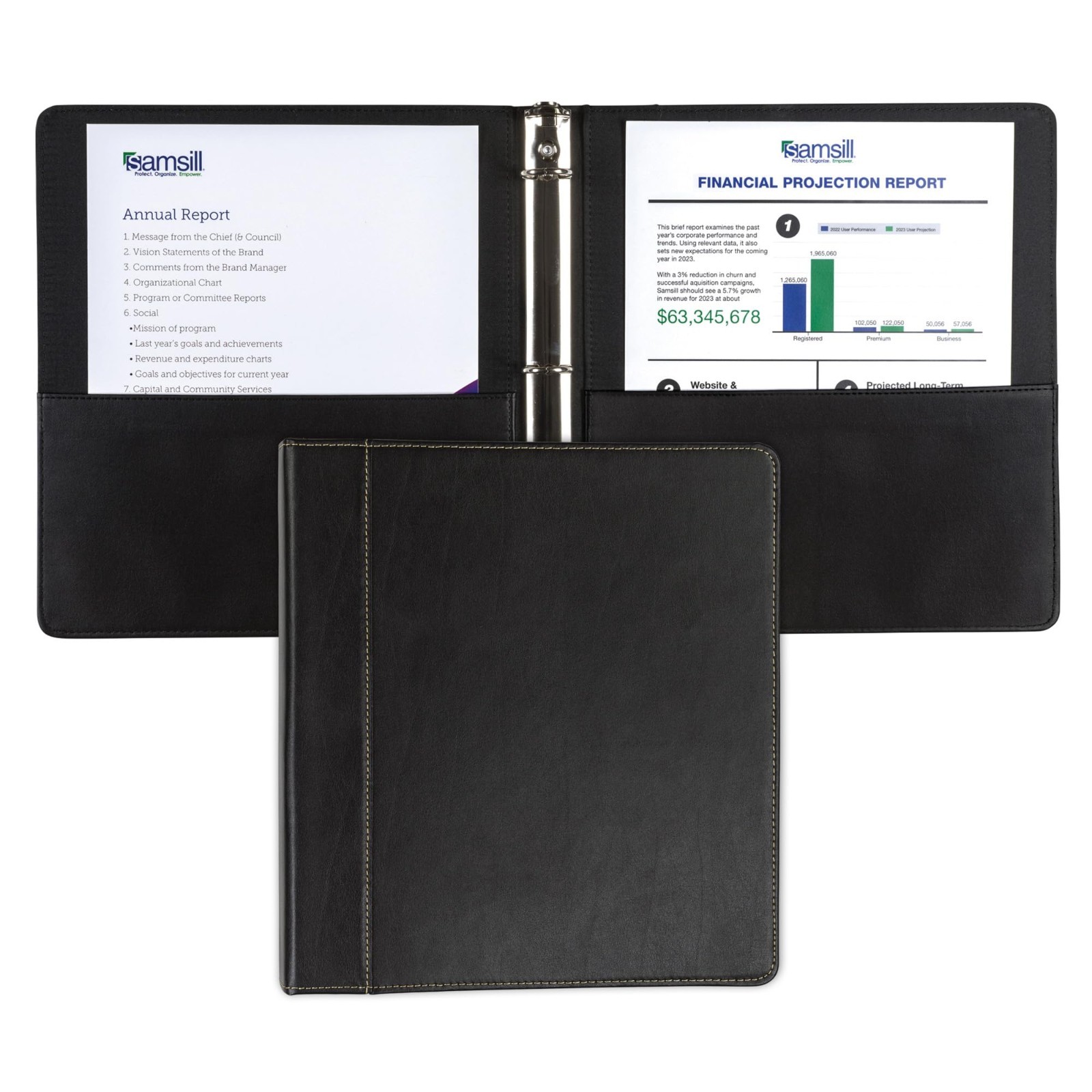 Leather 1-Inch 3-Ring Binder, Black with Contrast Stitching, 8.5×11″ Organizer,