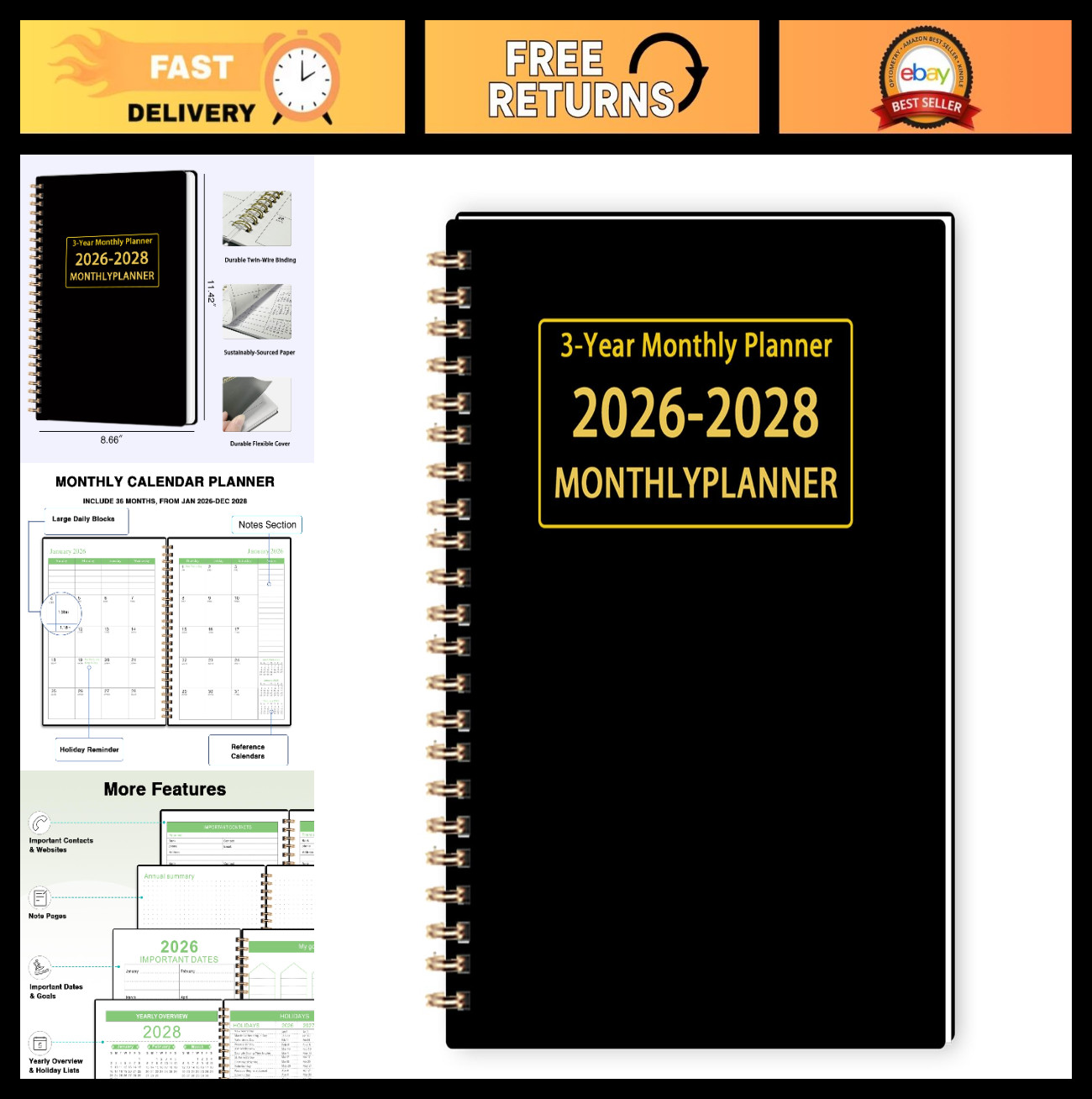2026-2028 Monthly Planner – 3 Year Calendar, Twin-Wire Binding, Lined Notes