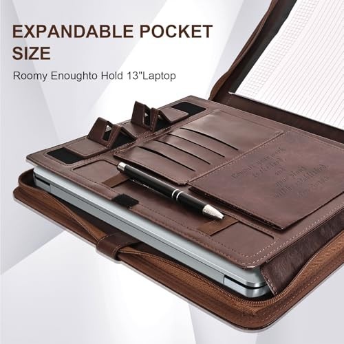 Men’s Leather Portfolio with Laptop Pocket, Zippered Padfolio Binder, Business O