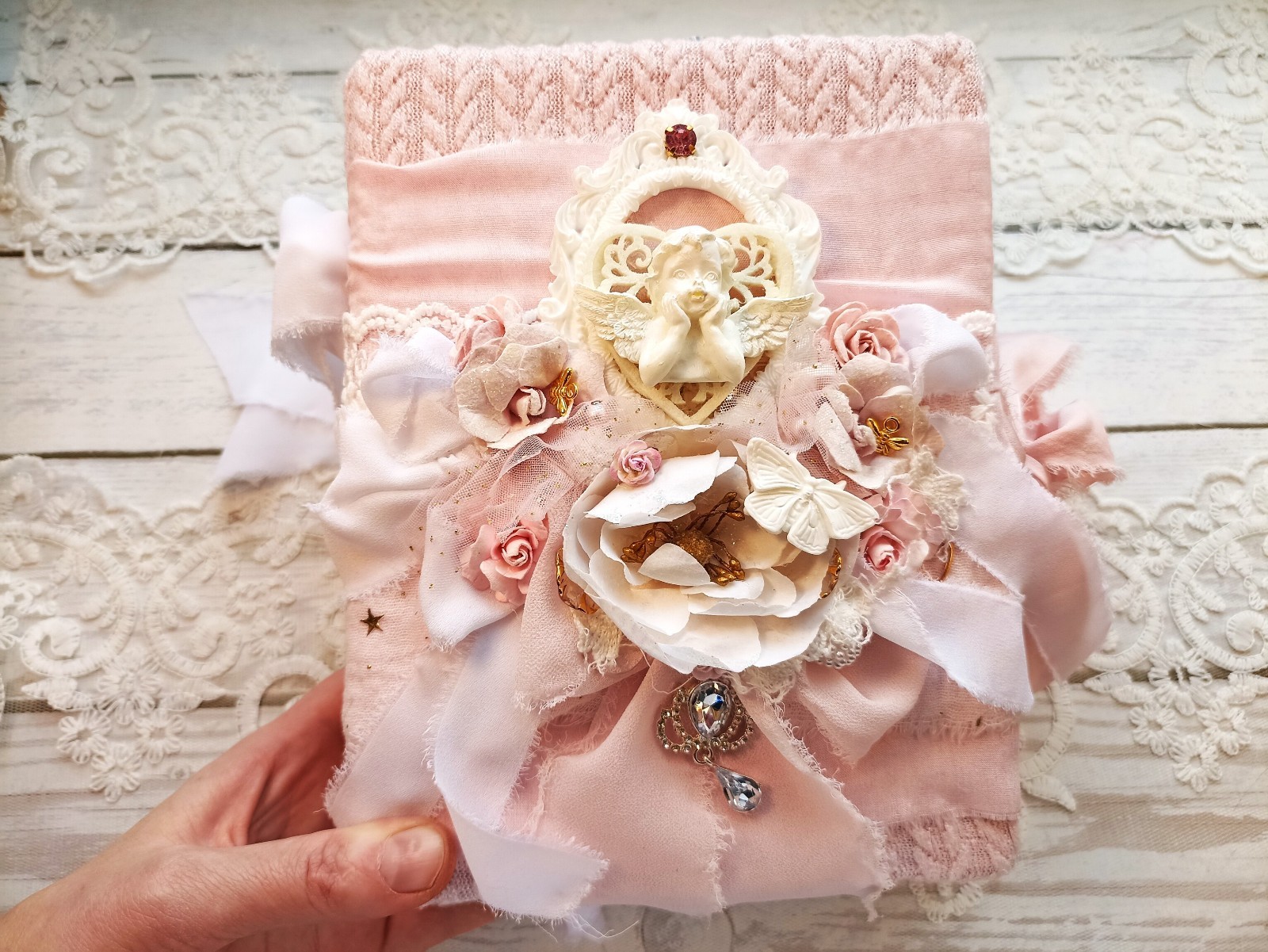Junk journal handmade XL Lace shabby chic rose wedding guest book 8×6 in