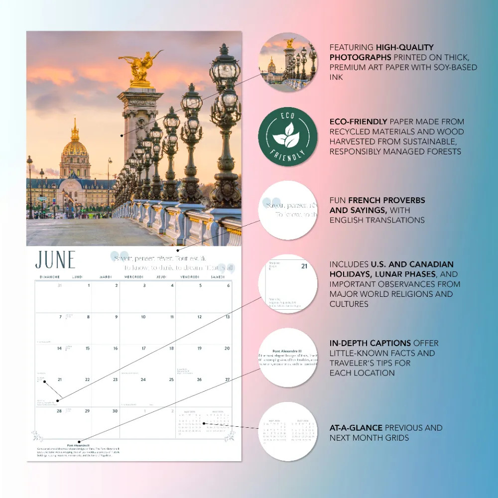Paris Calendar 2026 | 12″ x 24″ 12 Month Calendar | Marble City Press