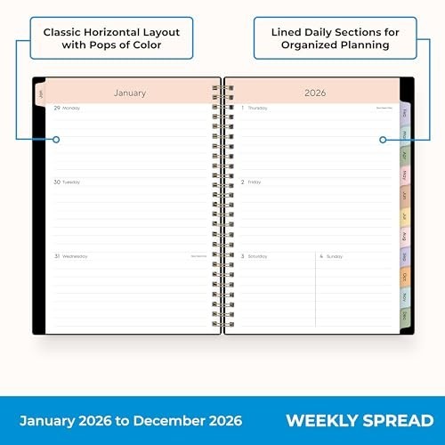 2026 Weekly & Monthly Planner Calendar – Flexible Cover, Storage Pocket, Ruler,