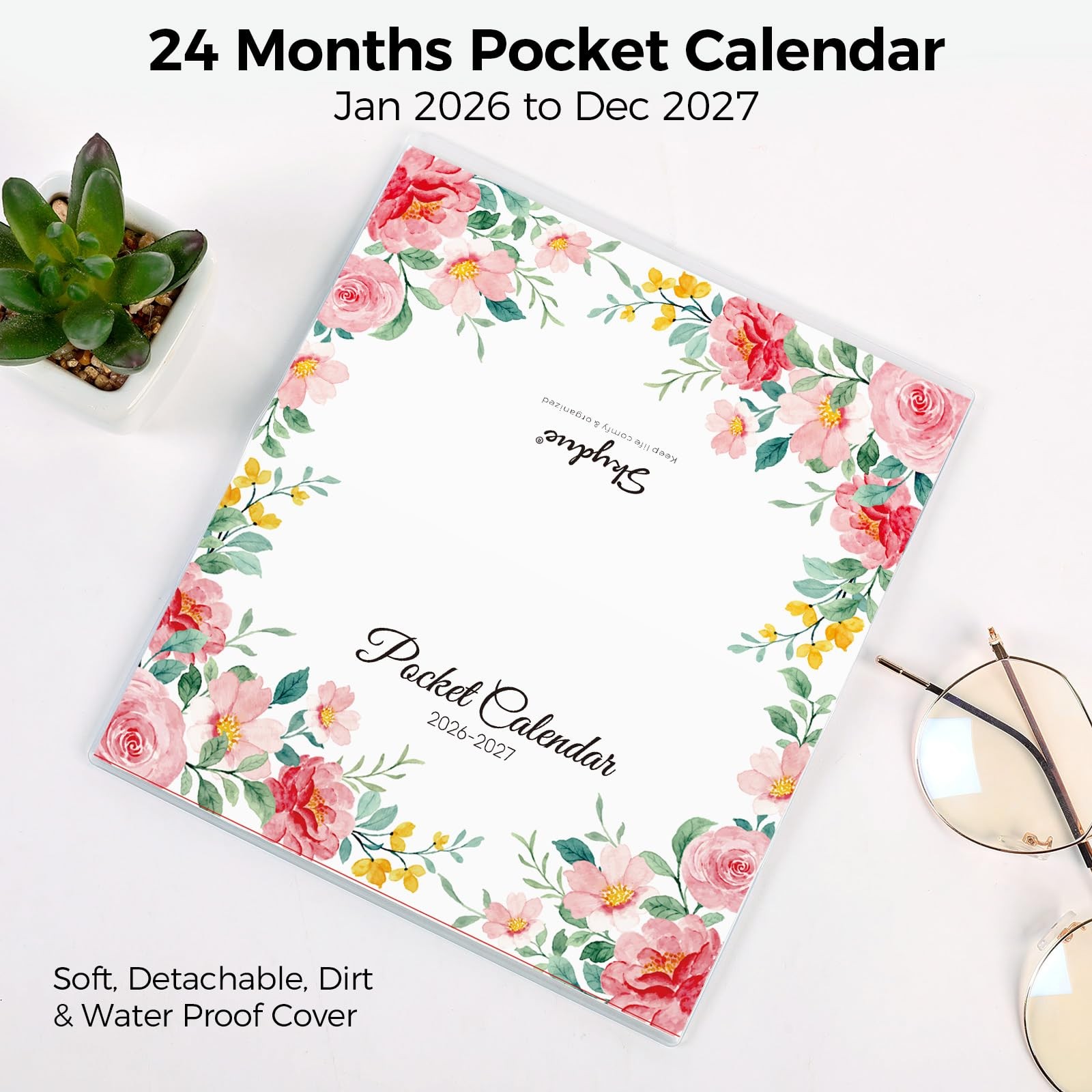 Pocket Calendar 2026-2027 24 Months Soft Waterproof Cover 6.5″ x 3.5″ Floral