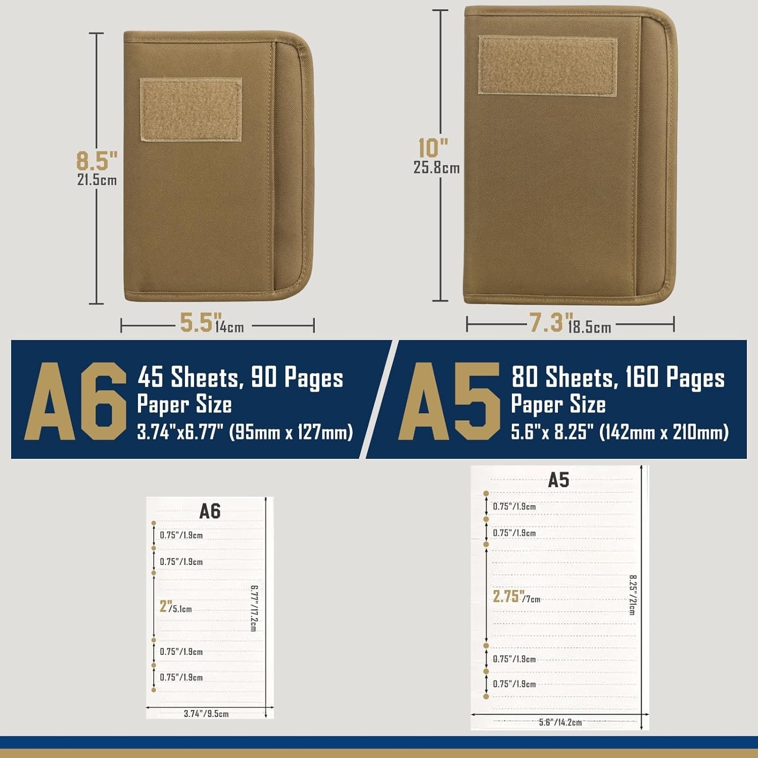 Tactical Notebook Padfolio Ring Binder – A6（5.5 x 8.5 Inches), Khaki