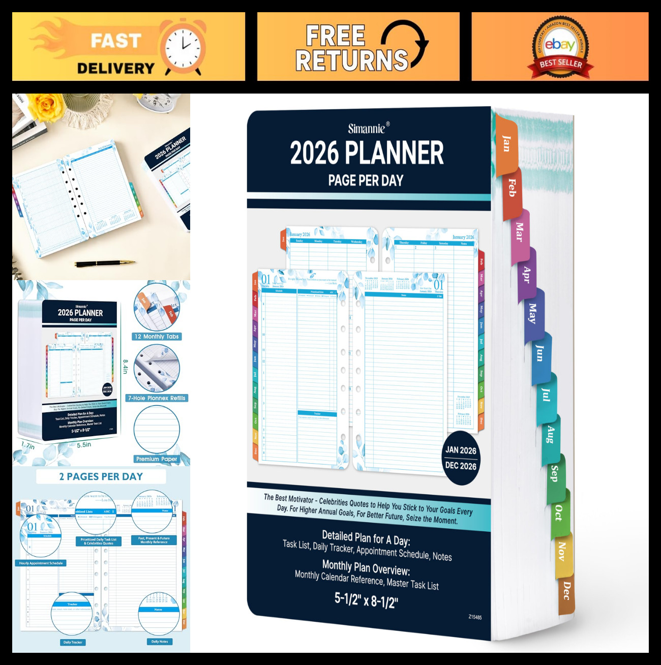 2026 Planner Refills – Daily & Monthly, Two Pages Per Day, 8.38″x5.51″, Ring-Bou