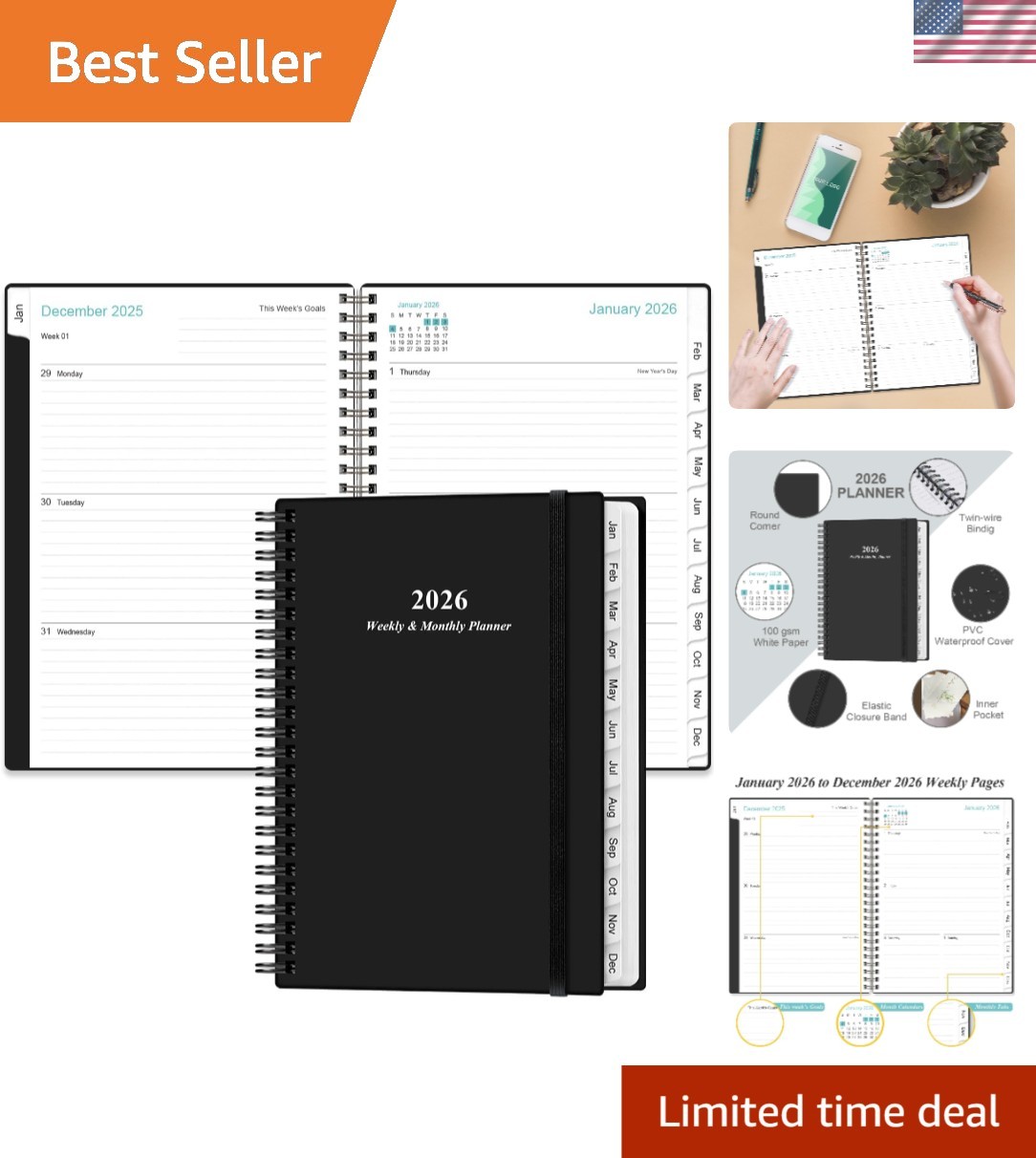 Black A5 2026 Planner with Thick Paper & Flexible Cover for Organization