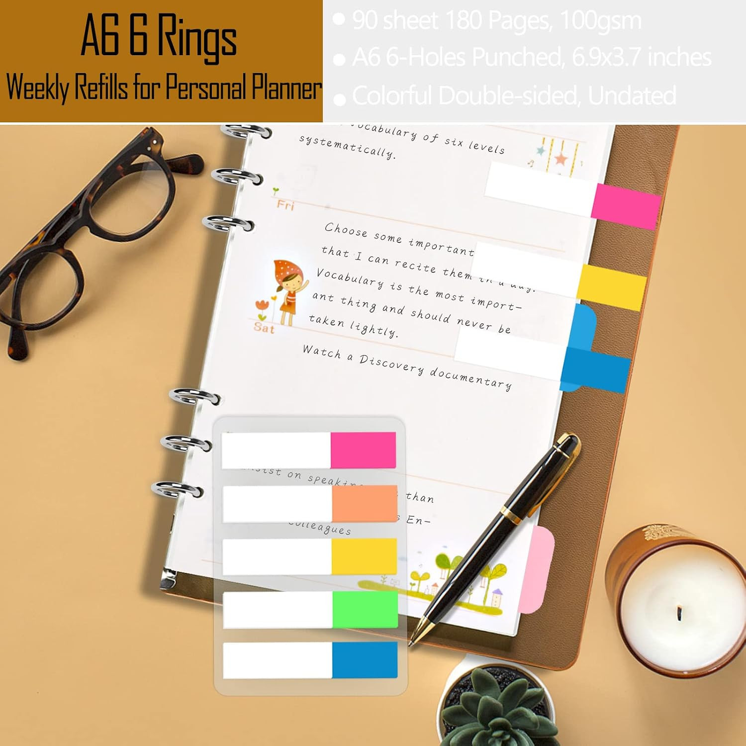 A6 Planner Inserts Weekly Planner Refills, 90 Pages Colorful 6-Ring Loose-leaf P