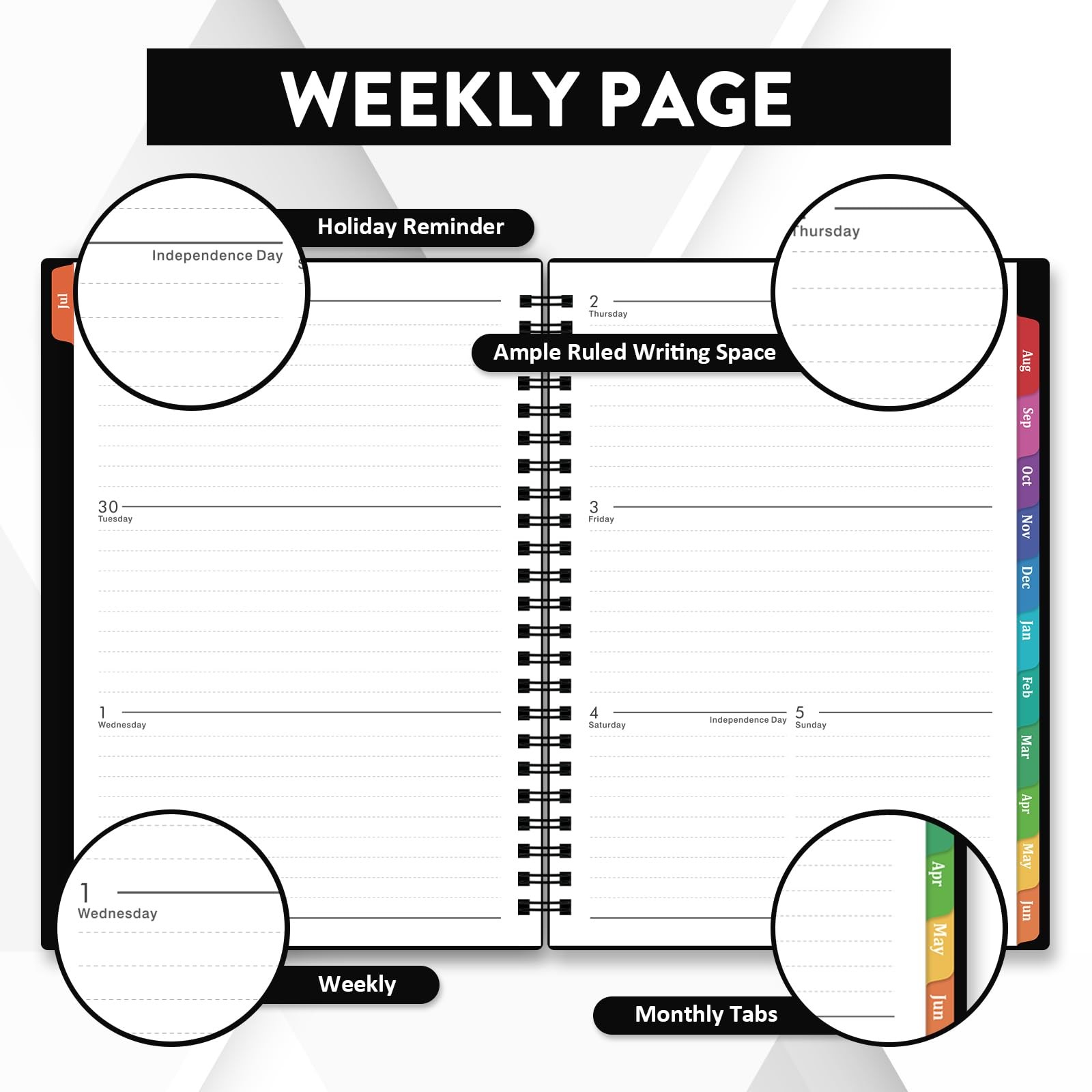 20262027 Planner Weekly Monthly Academic Tabs 6.25×8.3 Inch Black Thick Paper