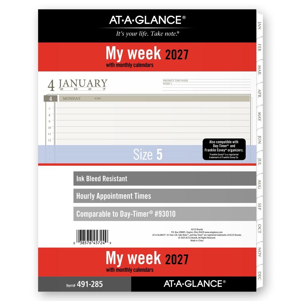 2026 At-A-Glance 491-285 Weekly Planner Refill, Size 5, 8-1/2 x11″