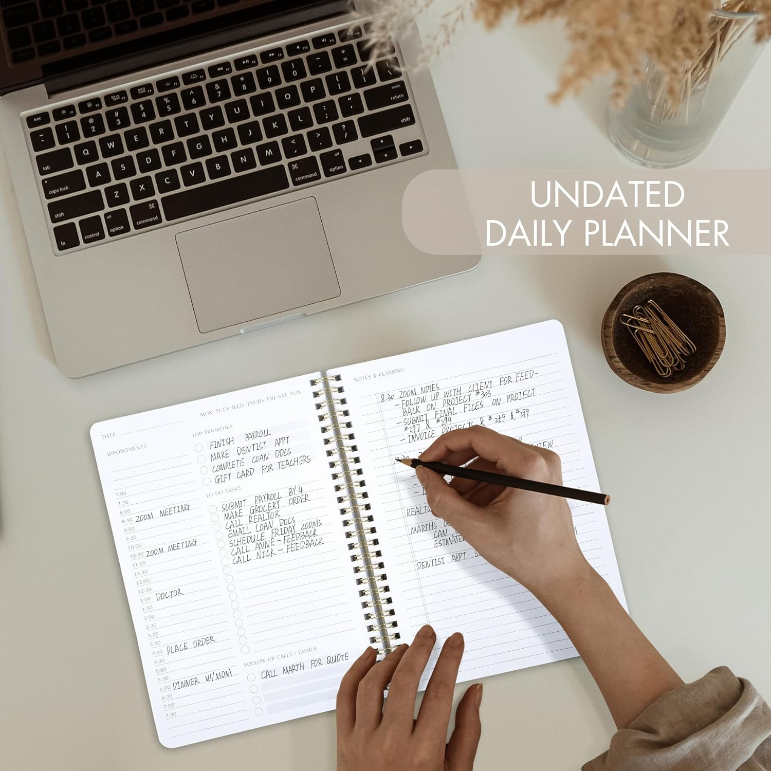Beautiful Daily Planner And Notebook With Hourly Schedule – Aesthetic Spiral To