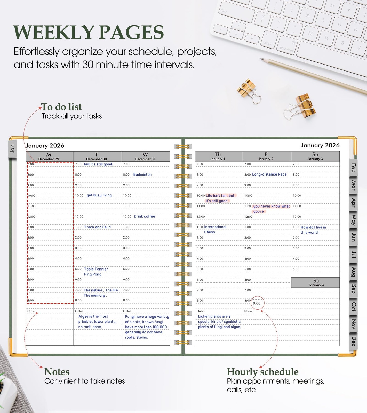 2026 Planner, Weekly and Monthly Calendar A4 (Jan 2026 – Dec 2026), Green