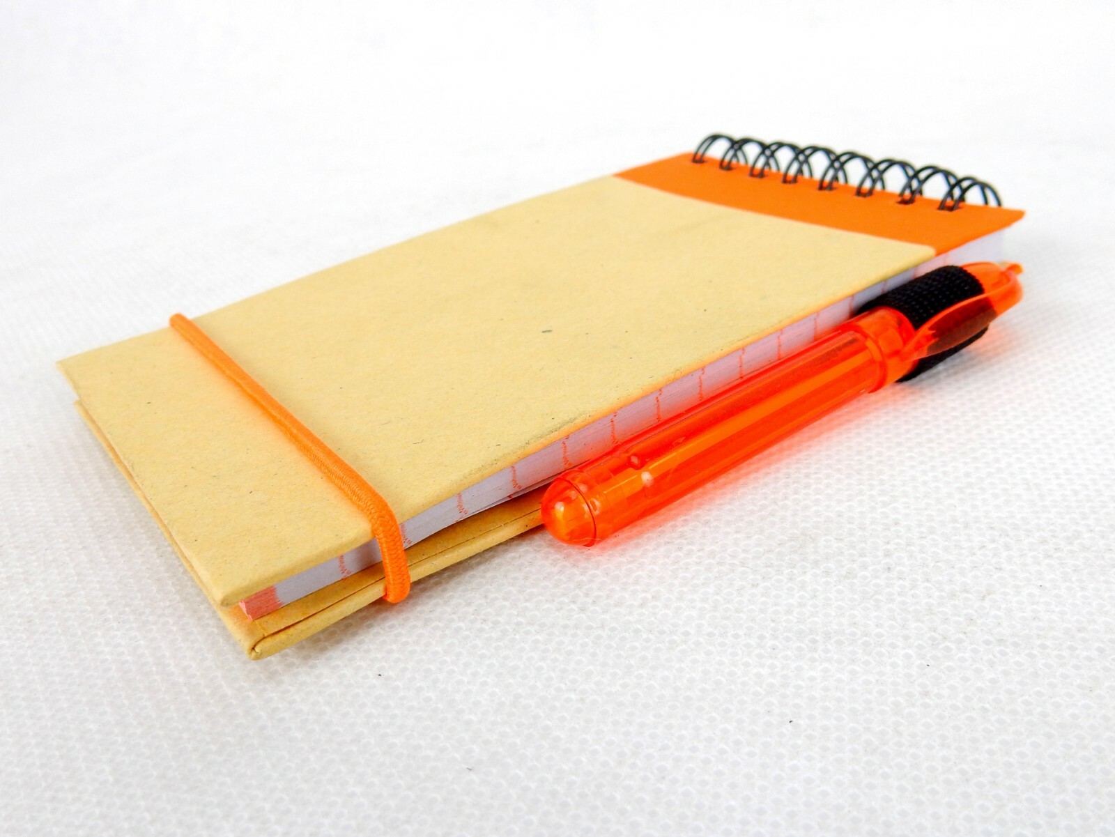 Mini Pocket Jotter Notebook & Pen, Orange, Spiral Bound, Elastic Closure, #MP778