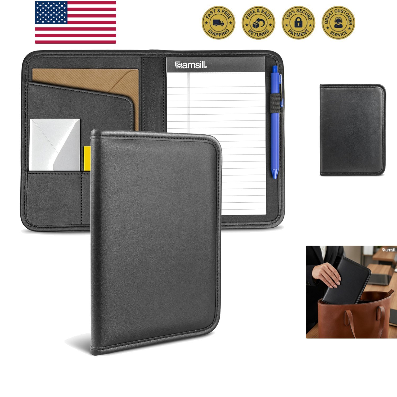 Professional Padfolio, Faux-Leather Mini Portfolio, with 5 x 8 Writing Pad, B…