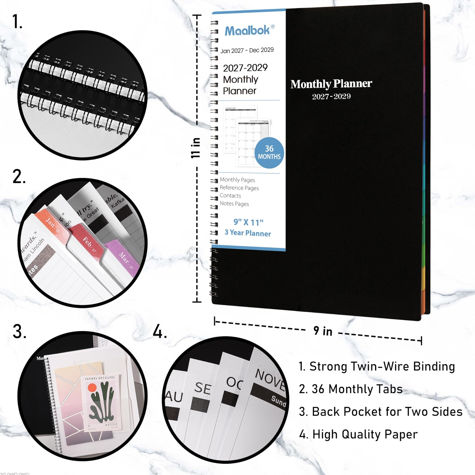 2027-2029 Monthly Planner/Calendar – 3 Year Planner Large, black