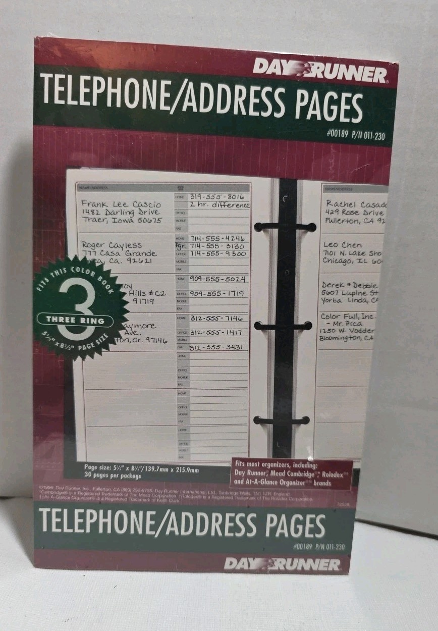 Vintage 1994 Day Runner Day Planner Telephone/Address 5.5″ x 8.5″ Refill Pages