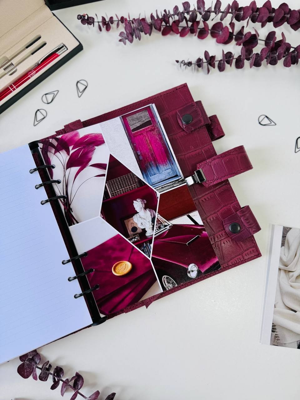 Burgundy Leather notebook cover A5 model 3in1 organizer.Lather planner binder.