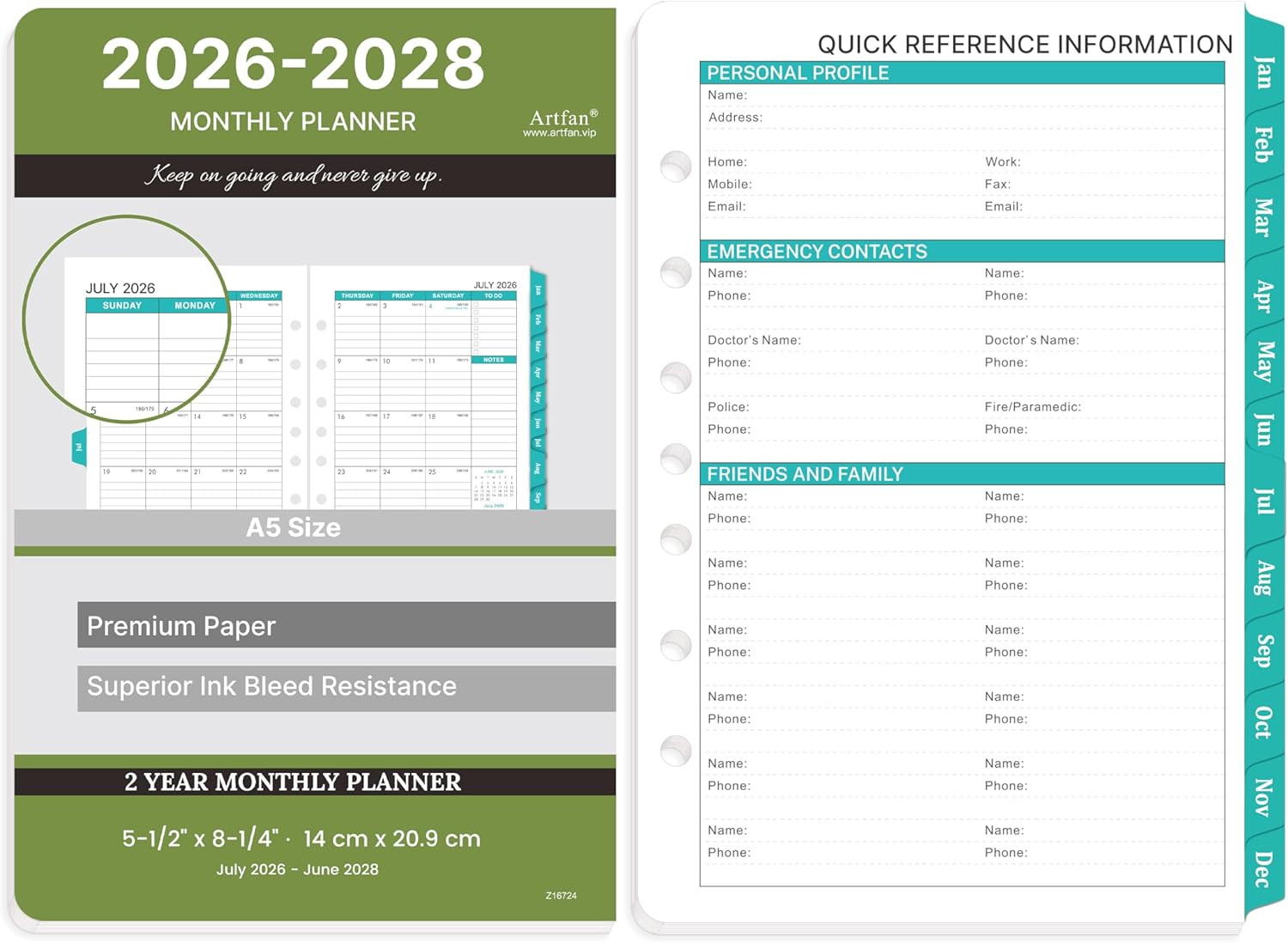 2026-2028 Monthly Planner Refill with Tabs, 5.5″ x 8.5″, 7-Hole Punched