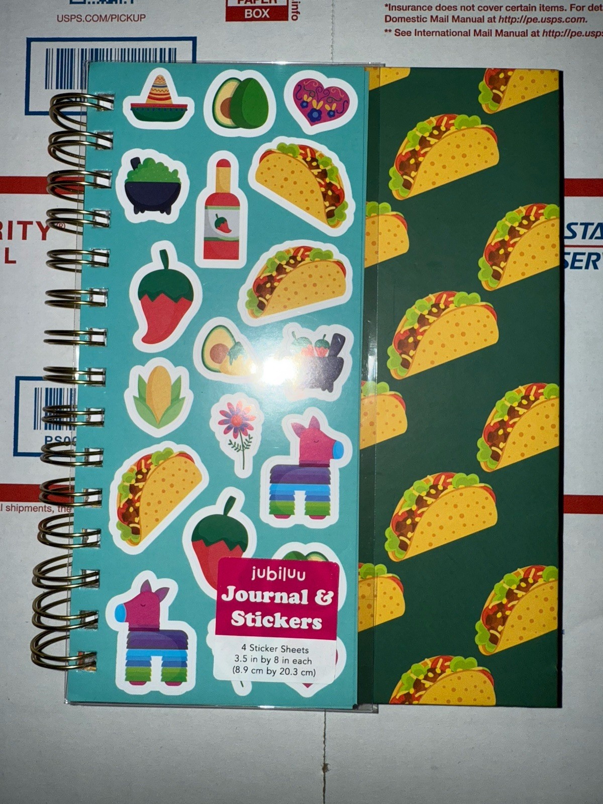 Tacos Illustrated Spiral Paper Journal with Stickers 5”x8” Cardboard New Green