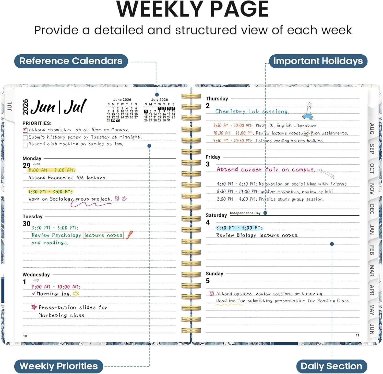 Planner 2026-2027, Academic Monthly and Weekly Calendar Planner for Women, July