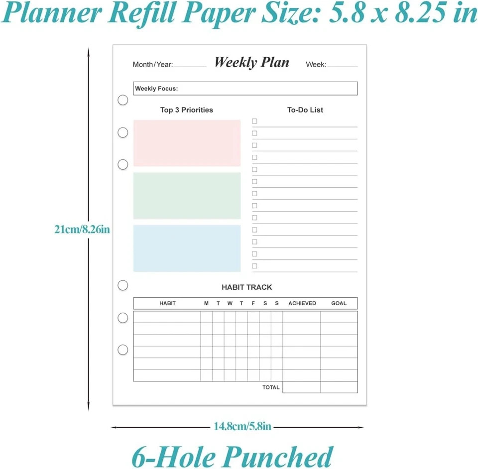 Weekly Planner Refills for A5 Binders – 53 Sheets/106 Pages Undated Colorful Wee