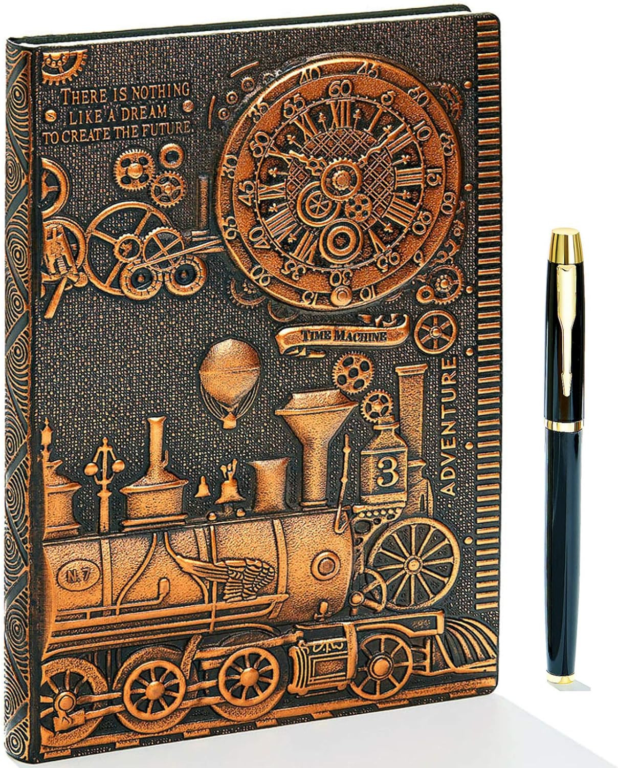 Vintage Train Embossed Leather Writing Journal Notebook with Pen Set,Antique Han