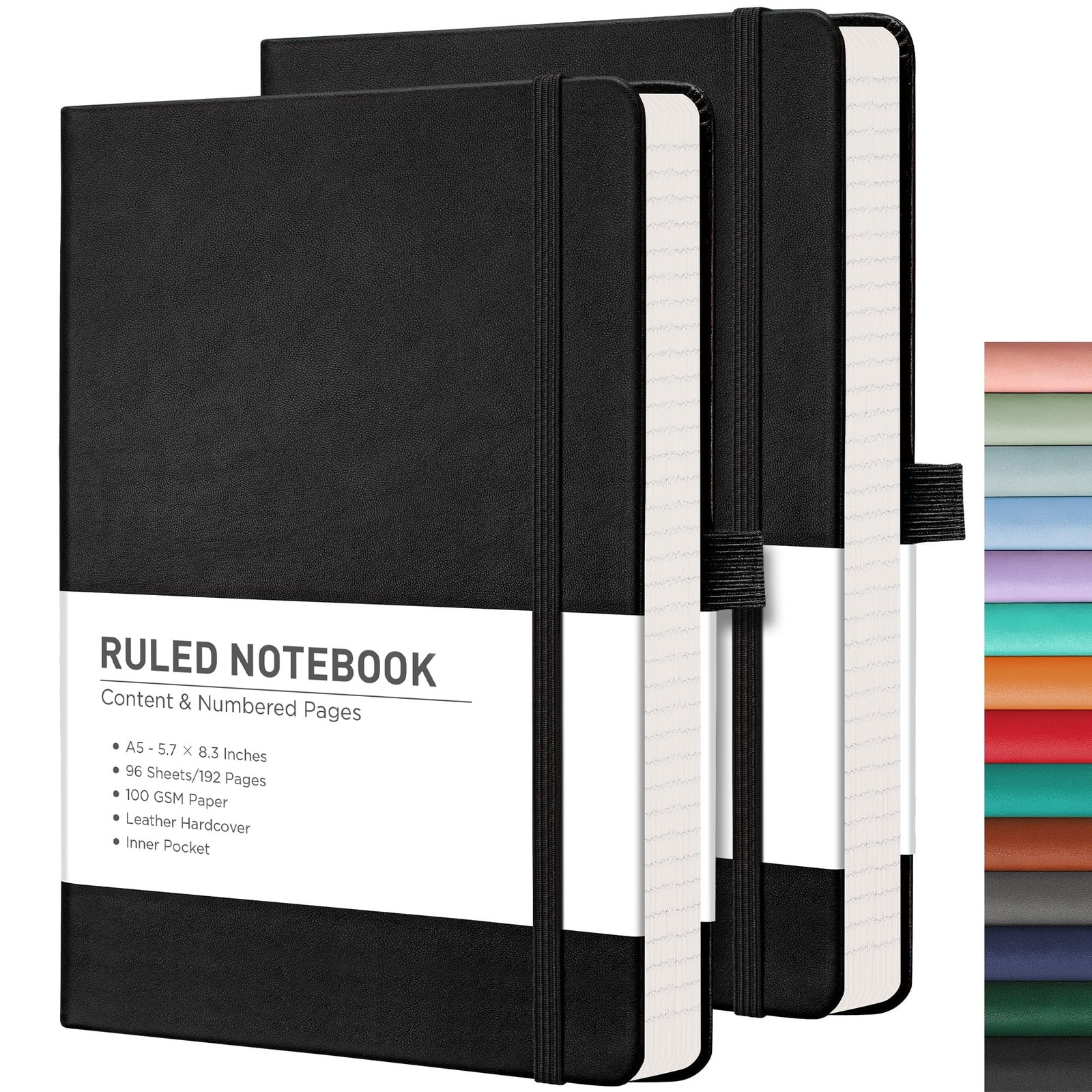 Lined Journal Notebook 2-Pack 192 Numbered Pages A5 5.7” x 8.3” Leather