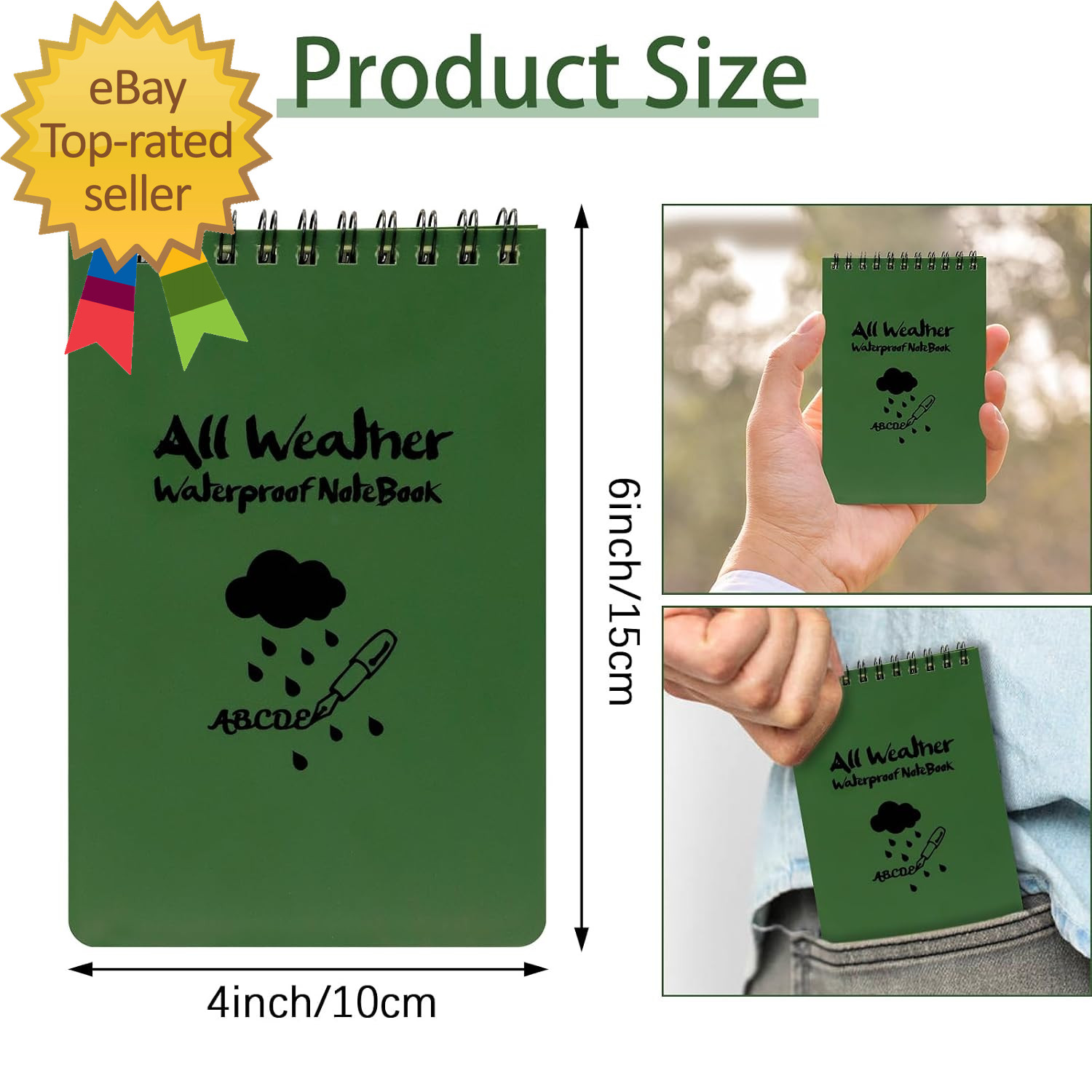 Pocket Weatherproof Top Spiral Notebook Waterproof Tactical Green Cover Memo