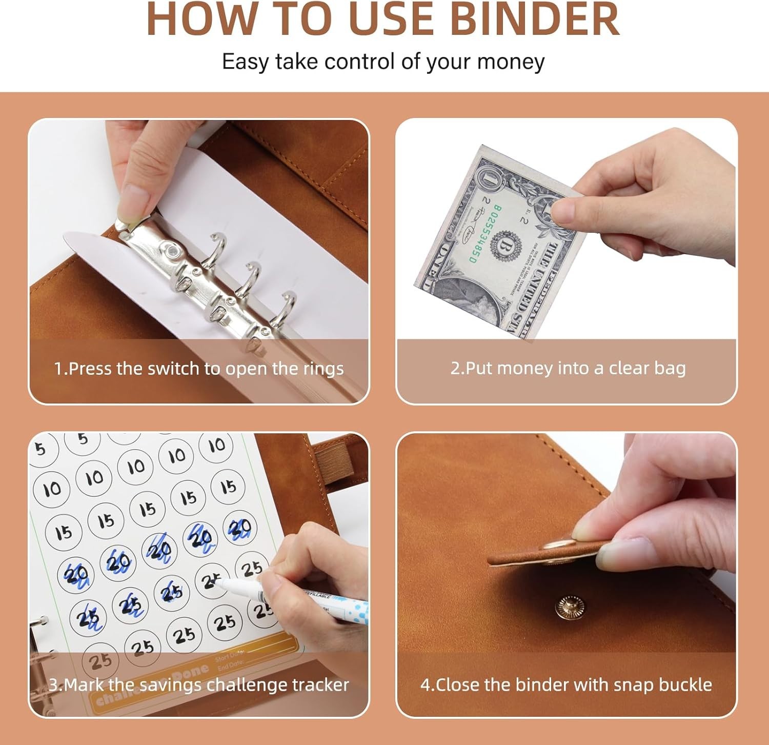 A5 Budget Binder with 100 Envelopes & Savings Challenge Tracker (Brown)